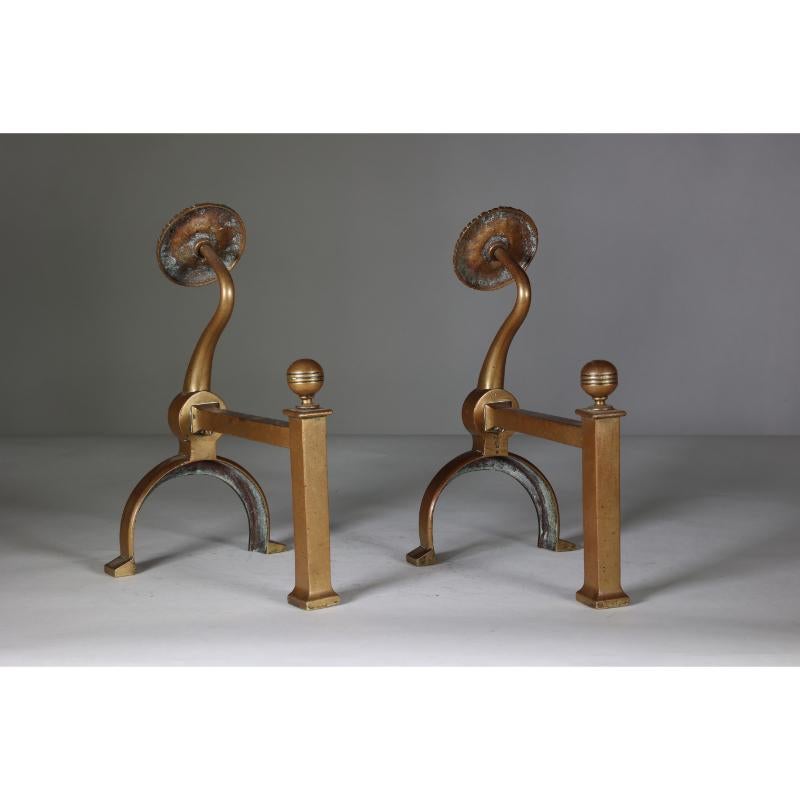 Dr C Dresser for Benham & Froud. A pair of Aesthetic Movement brass fire dogs. In Good Condition For Sale In London, GB