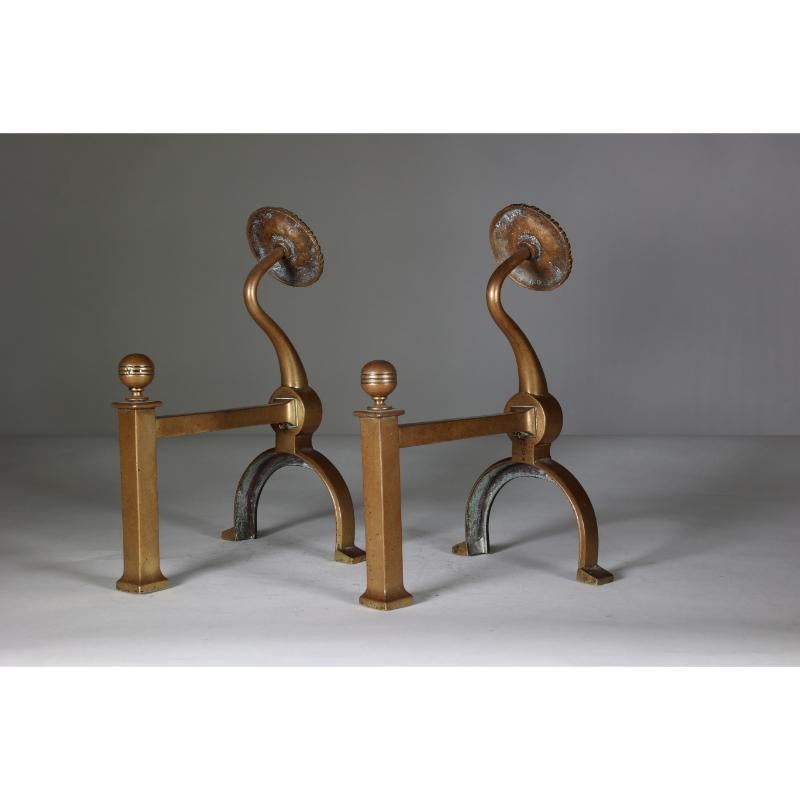 Brass Dr C Dresser for Benham & Froud. A pair of Aesthetic Movement brass fire dogs. For Sale