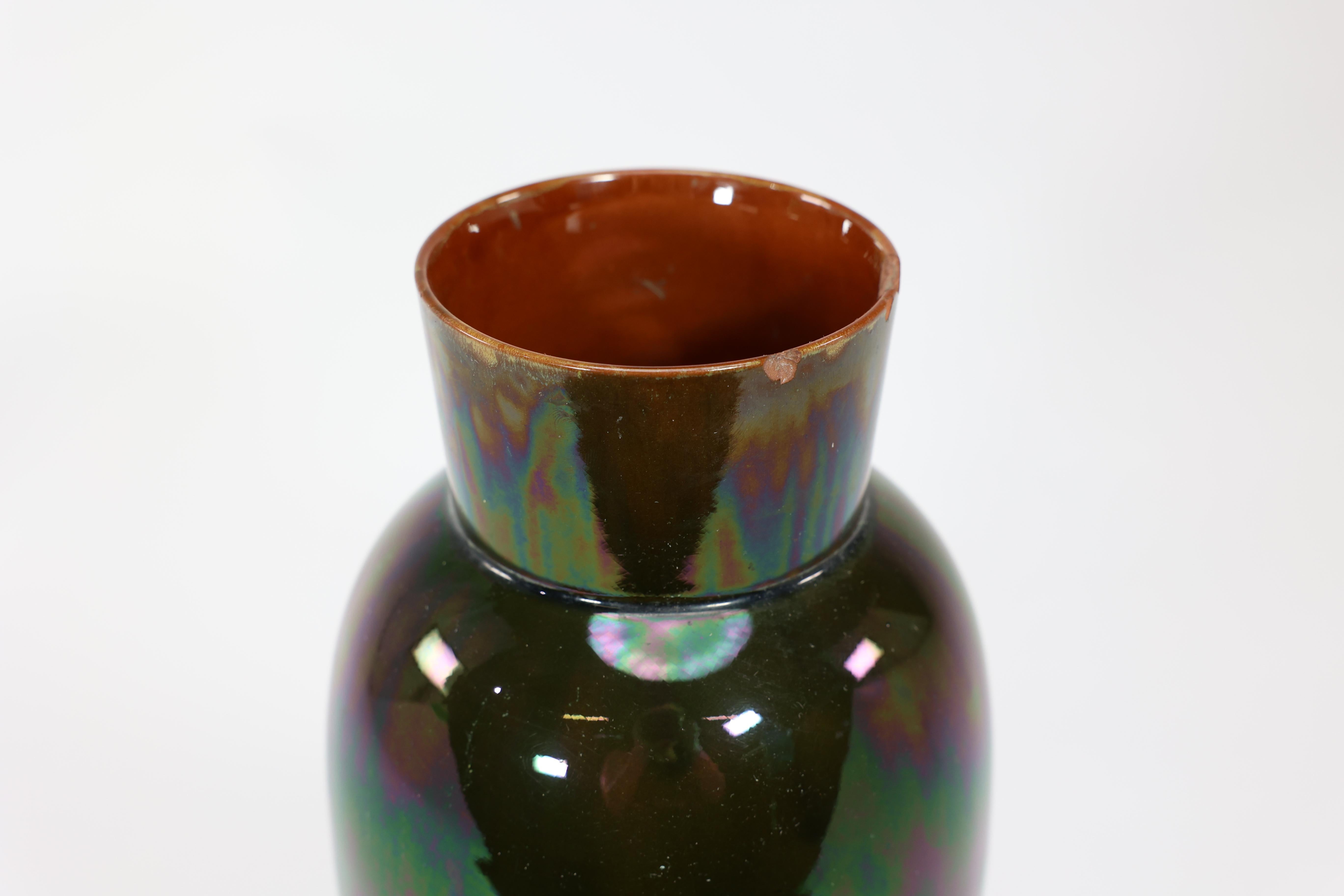 Arts and Crafts Dr C Dresser for Linthorpe A large vase with raining green and subtle blue glaze For Sale