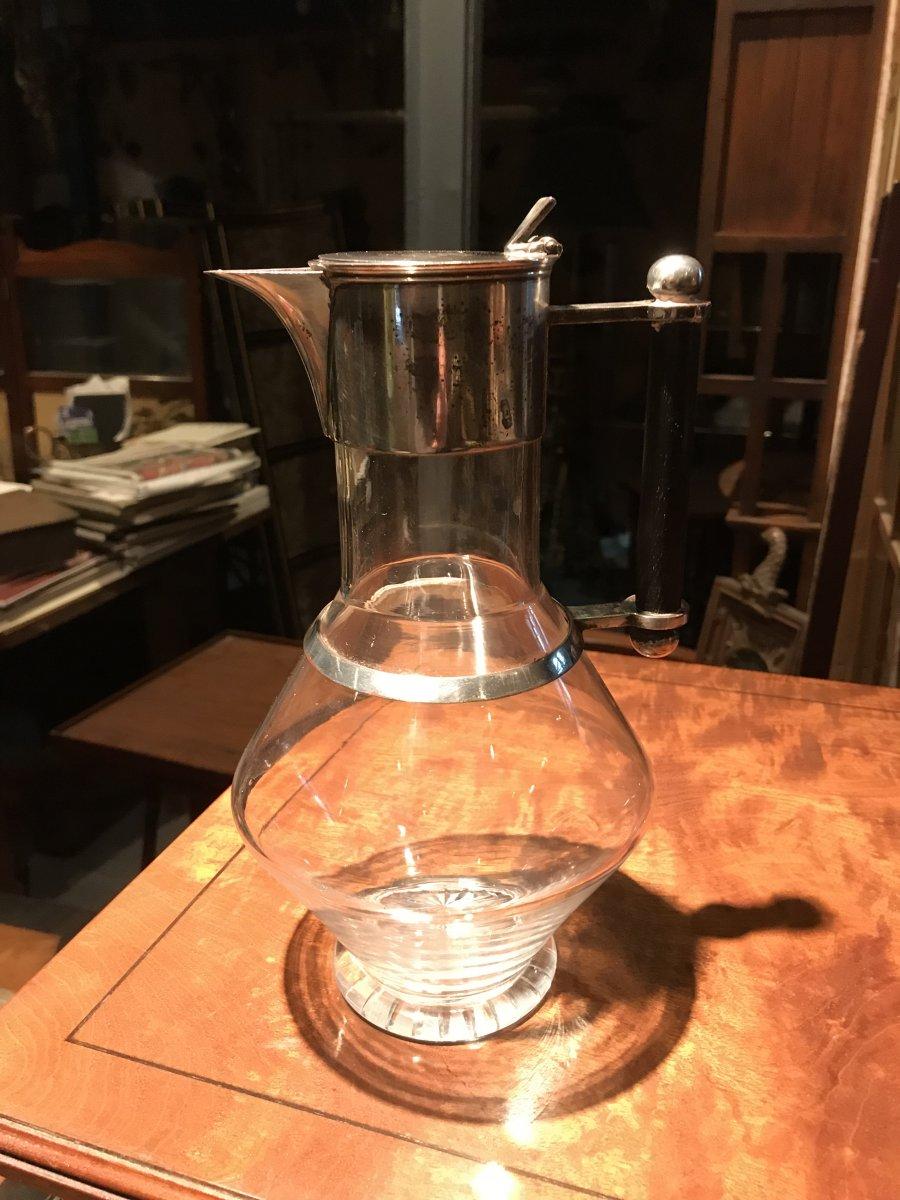 Dr. C Dresser, for James Dixon and Sons. A classic Britannia plated glass decanter, a great shape. 
A rare example. Stamped J D & S.  BP for Britannia Plate. 