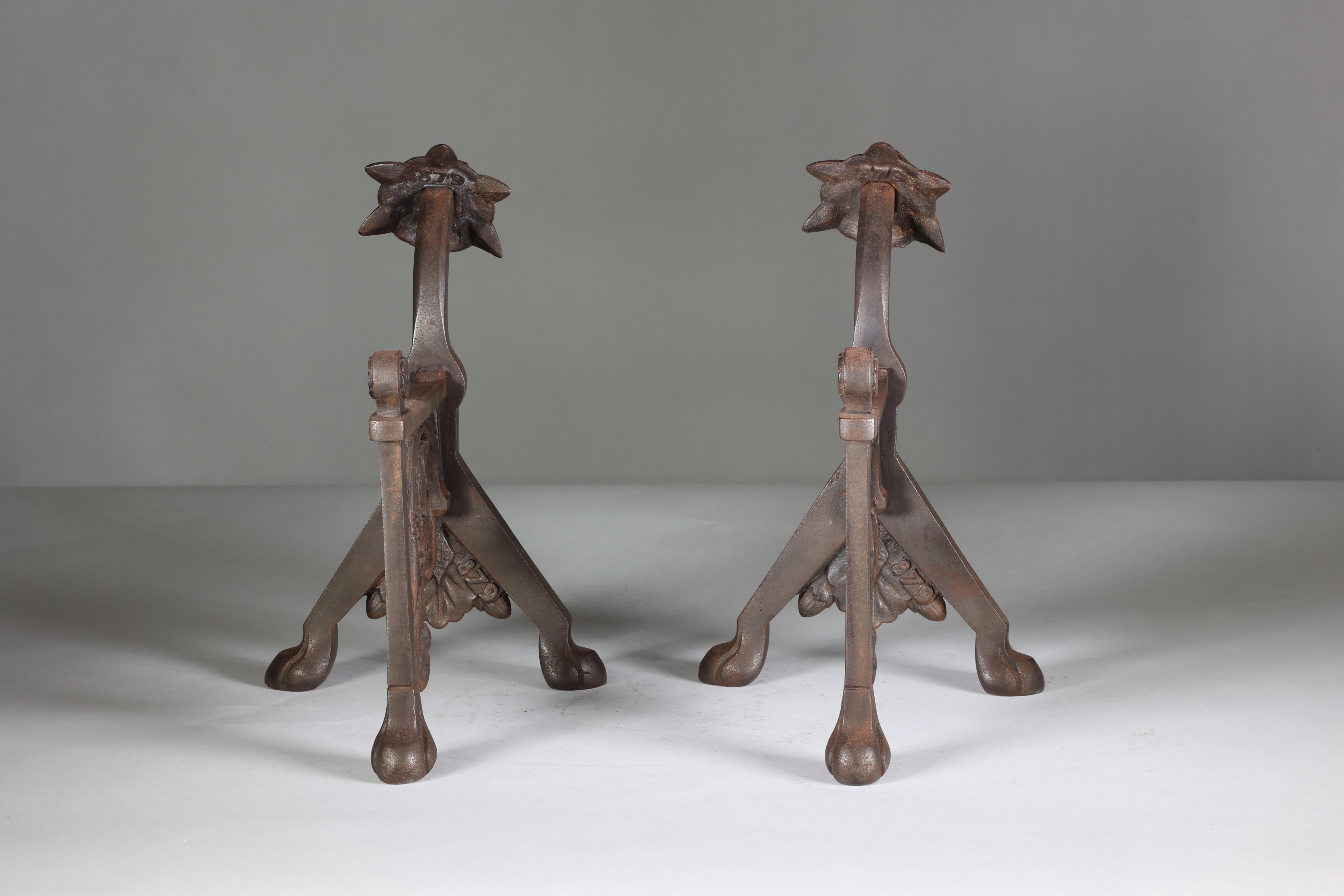 Dr C Dresser (style of). A pair of Arts and Crafts Cast Iron Fire Dogs For Sale 10