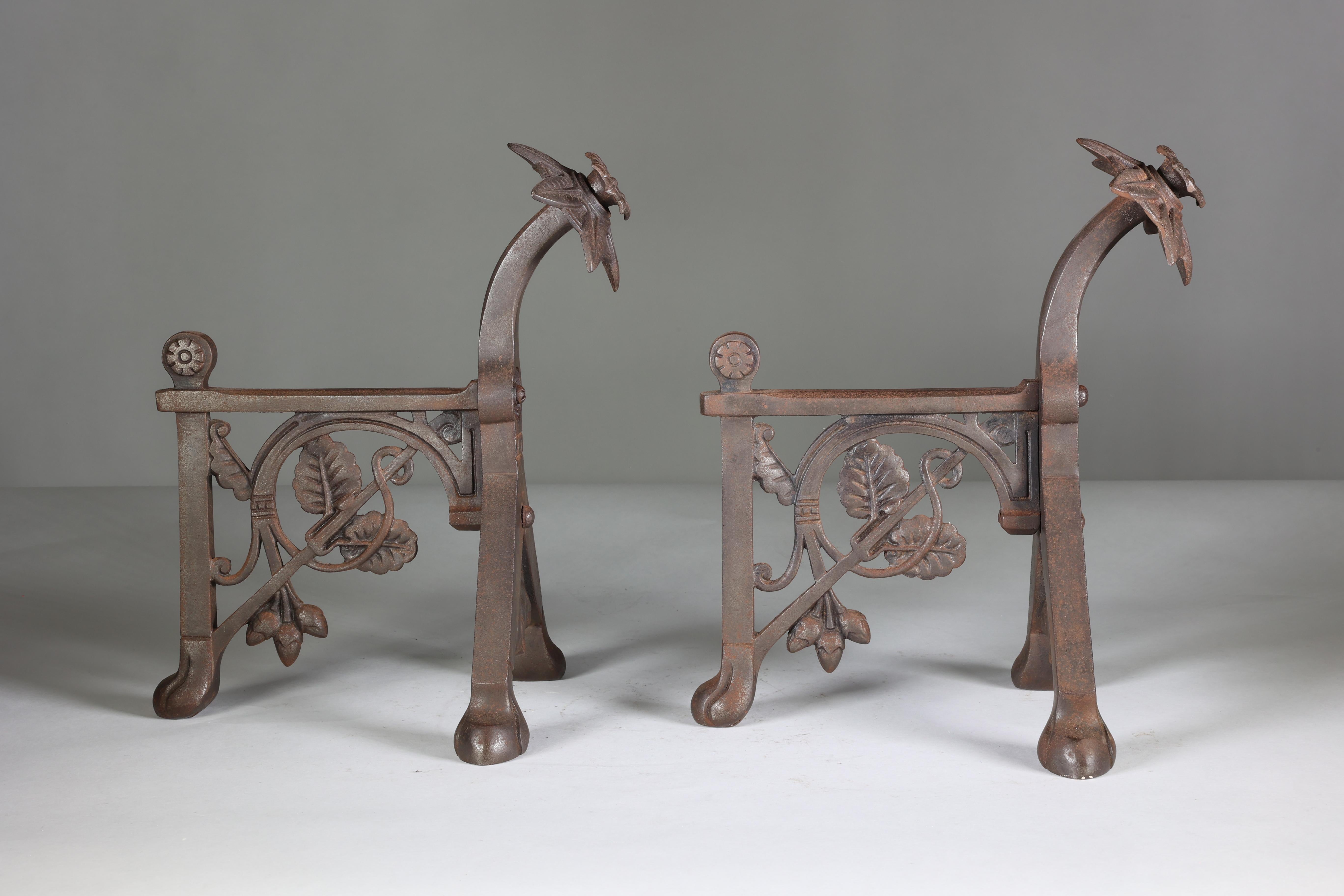 Dr C Dresser (style of). A pair of Arts and Crafts Cast Iron Fire Dogs In Good Condition For Sale In London, GB