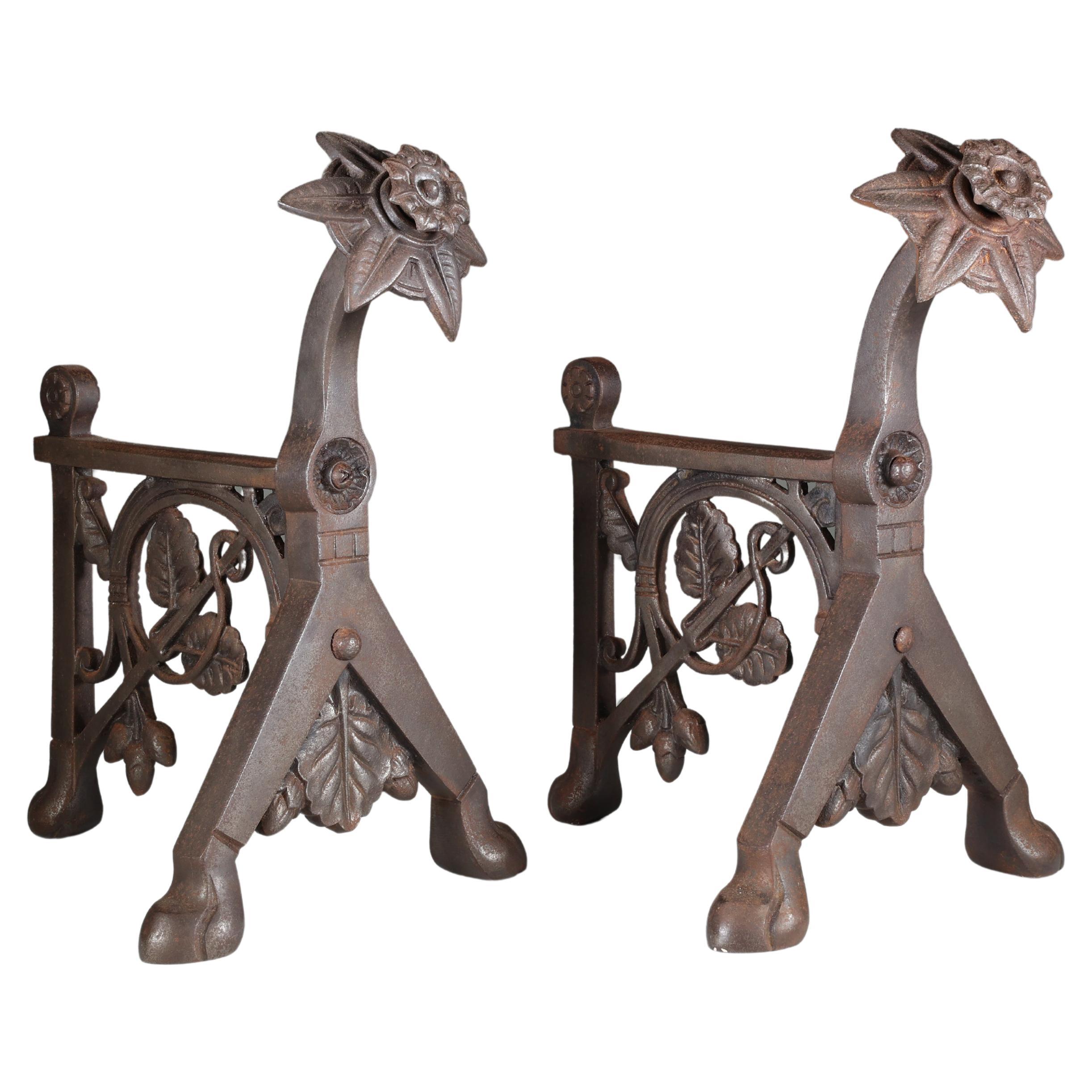 Dr C Dresser (style of). A pair of Arts and Crafts Cast Iron Fire Dogs For Sale