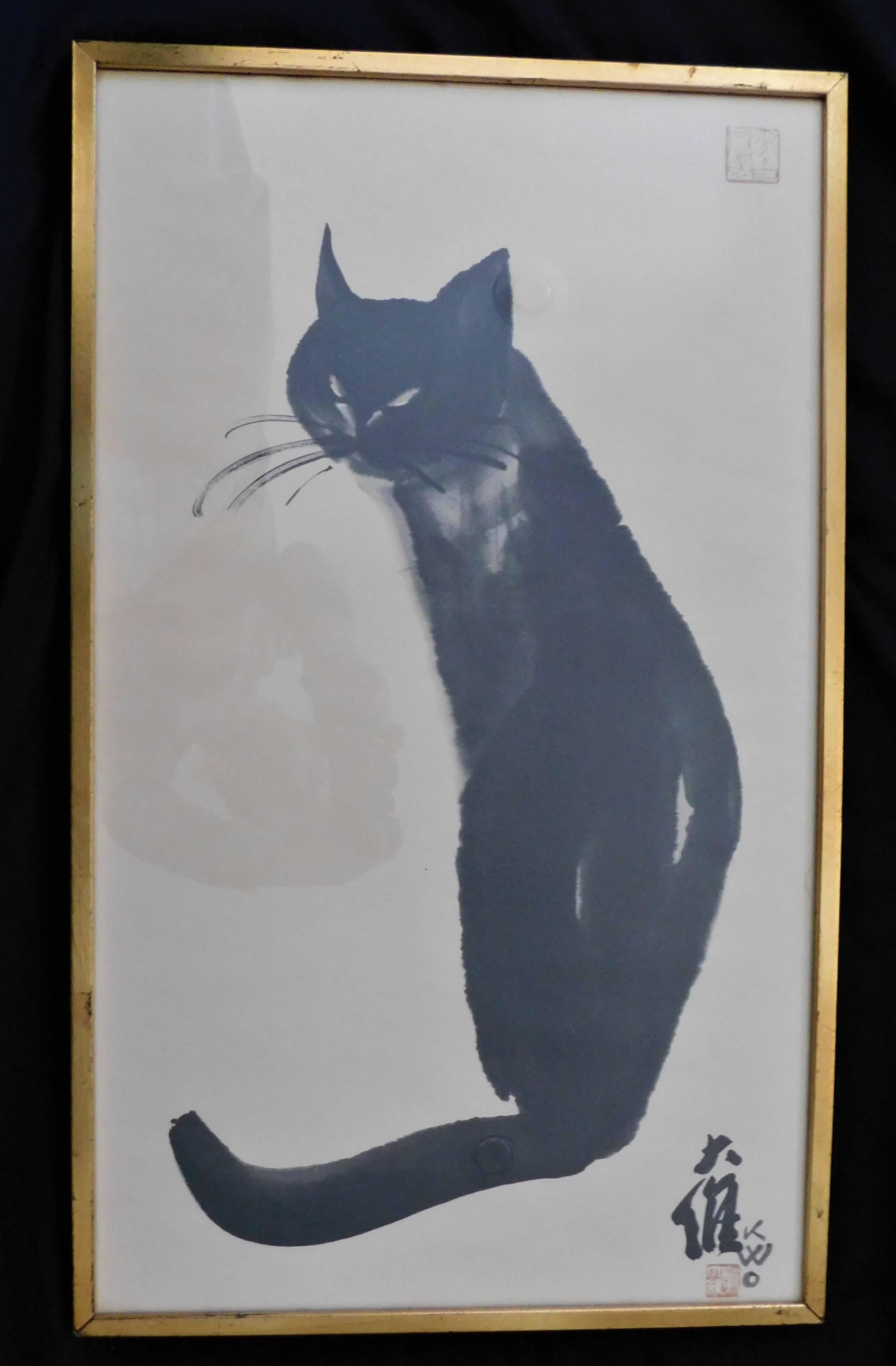 Artist and teacher Dr. David Kwo Da-Wei (1919-2003) became renowned for his Chinese brush paintings of his black cat, Kim. He also pioneered in using complete strokes to create impressionistic images. This limited edition lithogragh is stamped in