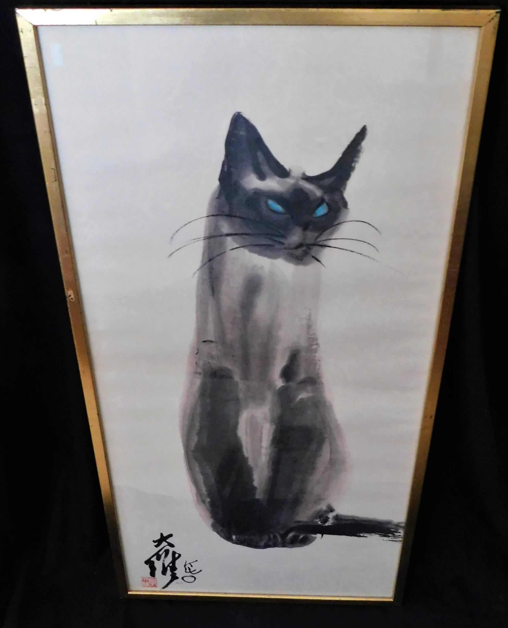 Artist and teacher Dr. David Kwo Da-Wei (1919-2003) became renowned for his Chinese brush paintings of his black cat, Kim. He also pioneered in using complete strokes to create impressionistic images. This limited edition lithogragh is stamped in