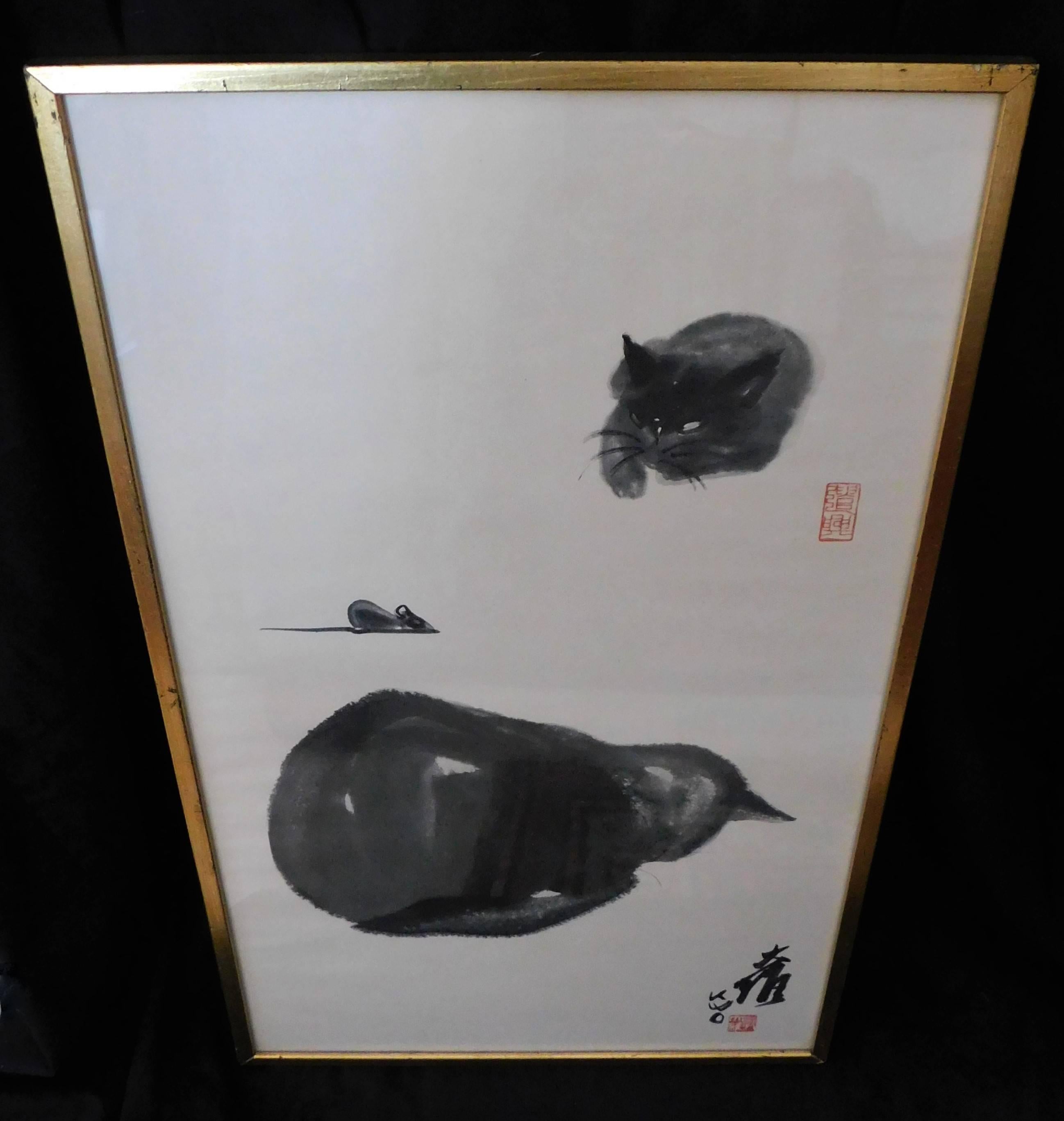 Artist and teacher Dr. David Kwo Da-Wei (1919-2003) became renowned for his Chinese brush paintings of his black cat, Kim. He also pioneered in using complete strokes to create impressionistic images. This limited edition lithograph is stamped in