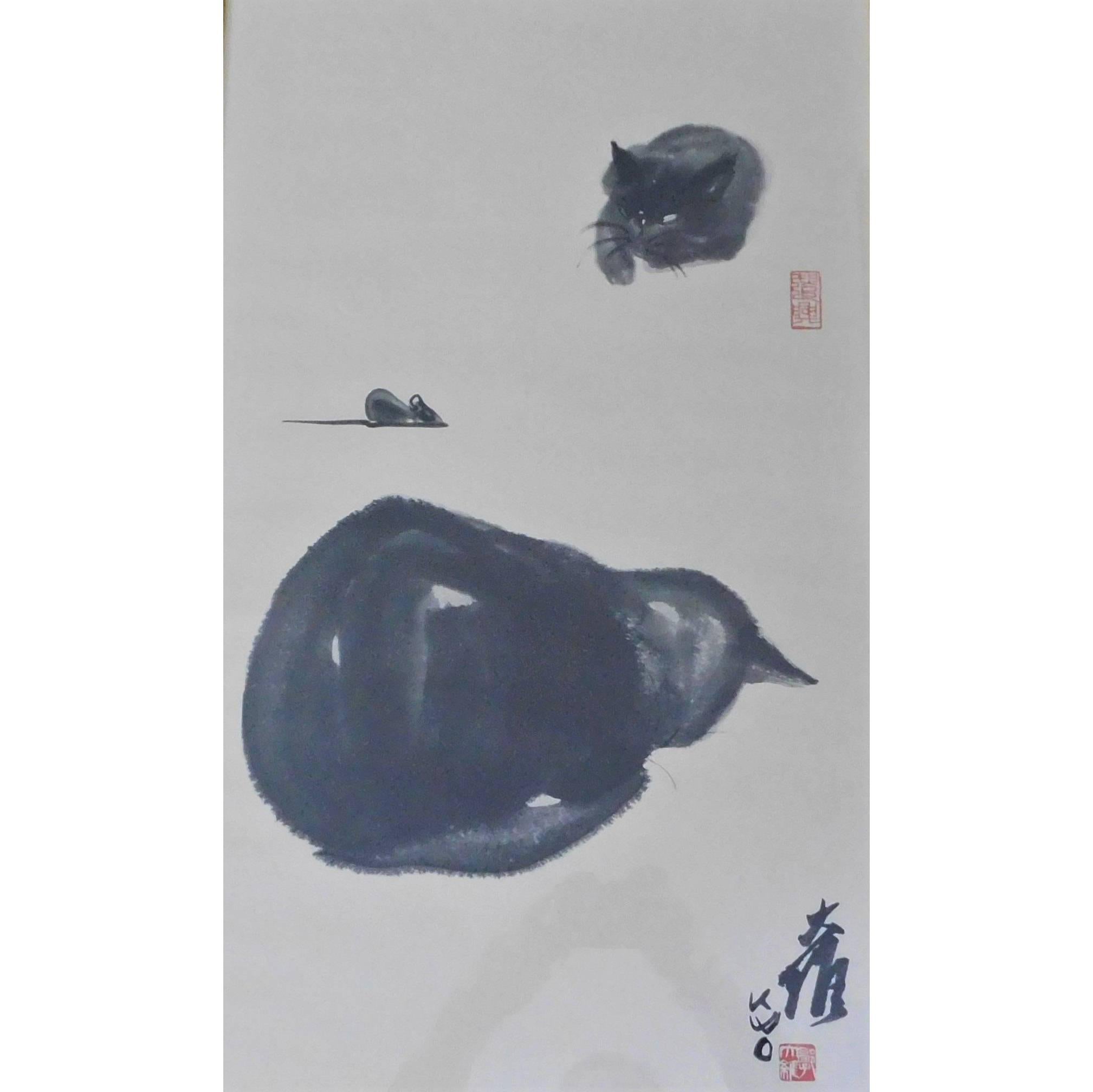 Dr David Kwo Da-Wei Limited Edition Chinese Lithograph "Two Cats and a Mouse"
