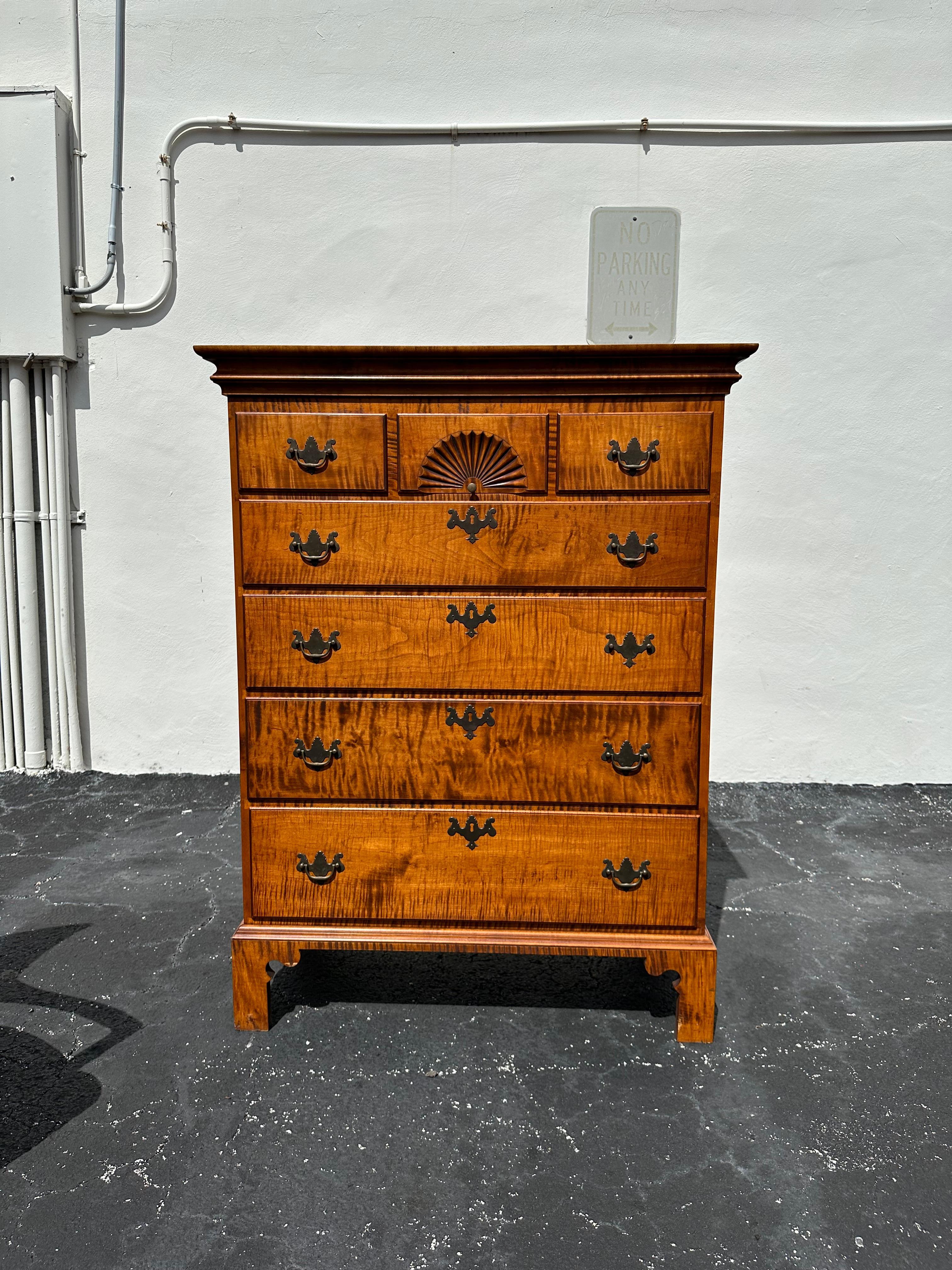 D.R. Dimes figured maple tall chest of drawers, New Hampshire, fine Chippendale reproduction, tiger maple, oblong top with molded edge, case with three short drawers including central one with nicely carved fan, over four graduated long drawers, all