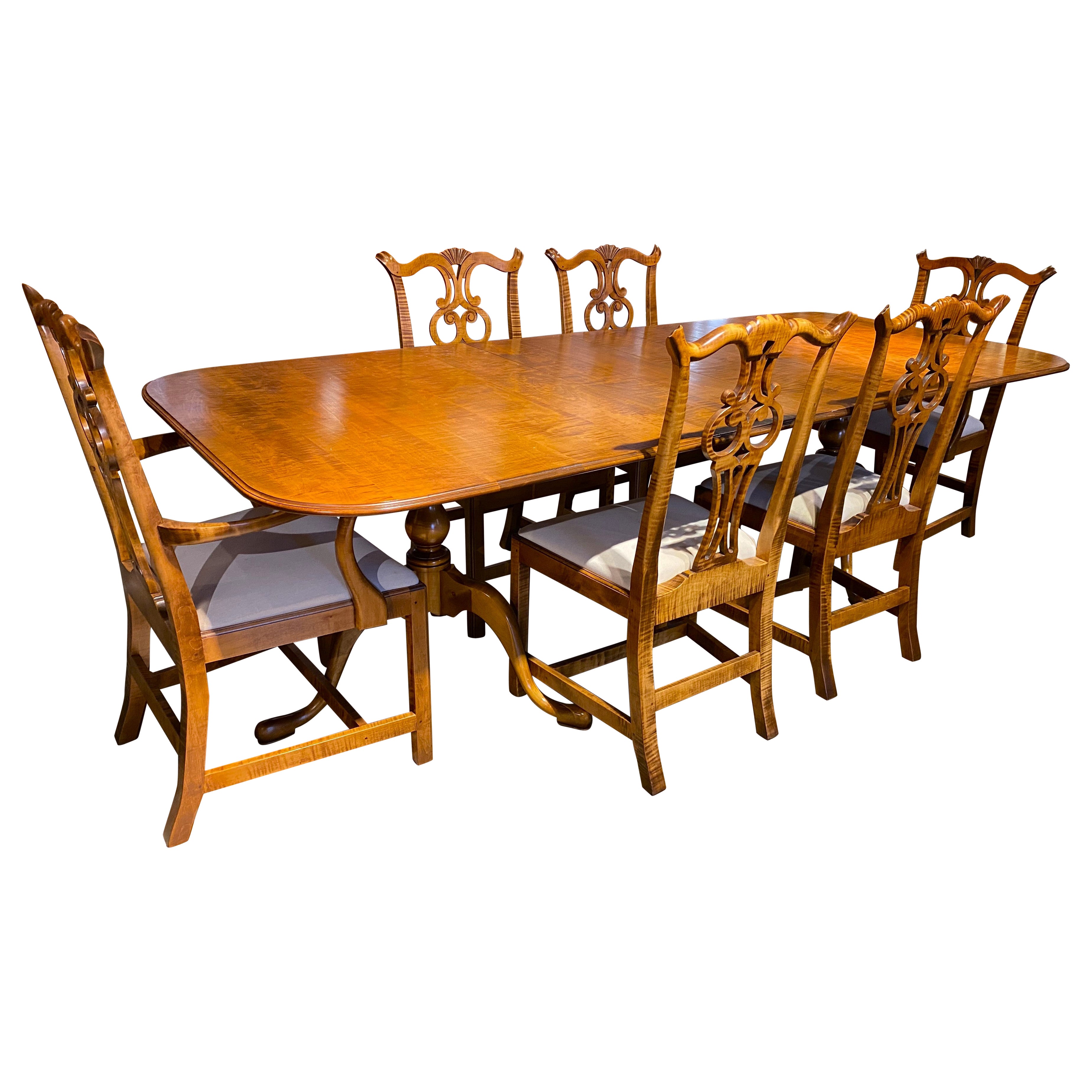 D.R. Dimes Tiger Maple Double Pedestal Dining Table with Two Leaves & Six Chairs