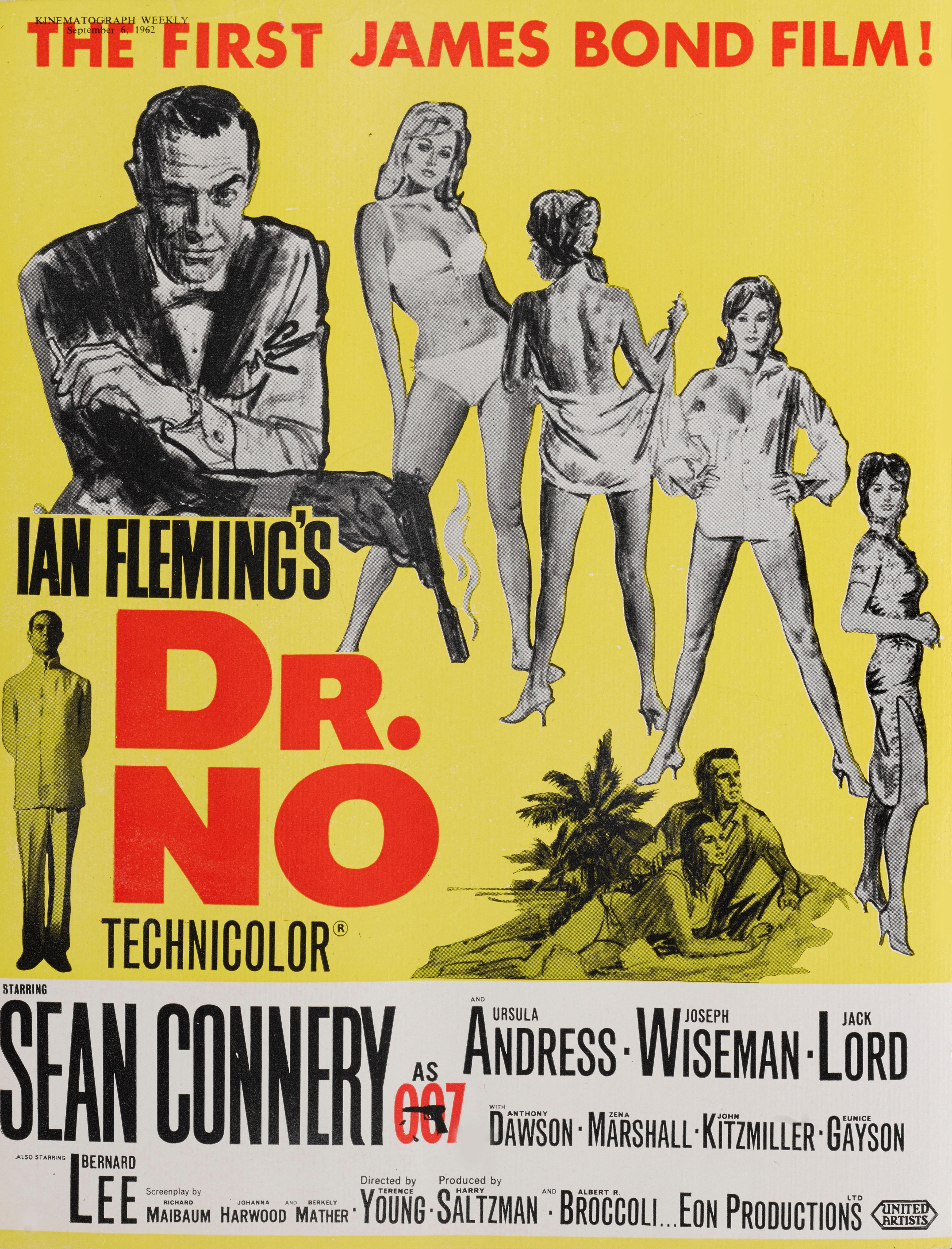 Original British Trade Advertisement from Kinematograph Weekly September 6th 1962
Dr. No starring Sean Connery is the first James Bond film. Based on the 1958 novel of the same name by Ian Fleming. The film was the first of a successful series of