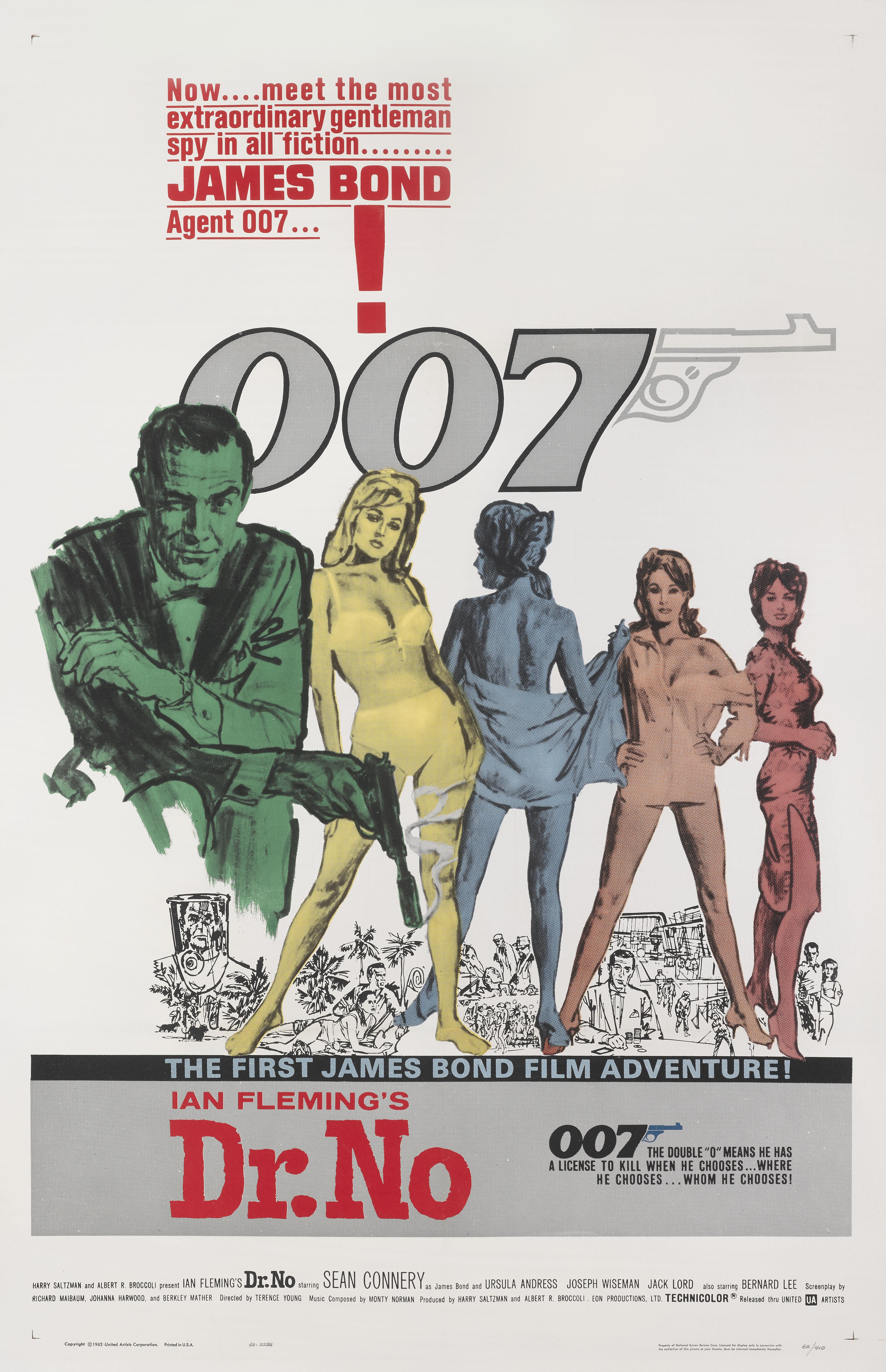 Original American film poster for Dr. No starring Sean Connery is the first James Bond film. Based on the 1958 novel of the same name by Ian Fleming. The film was the first of a successful series of now 24 Bond films.
This is the first film poster
