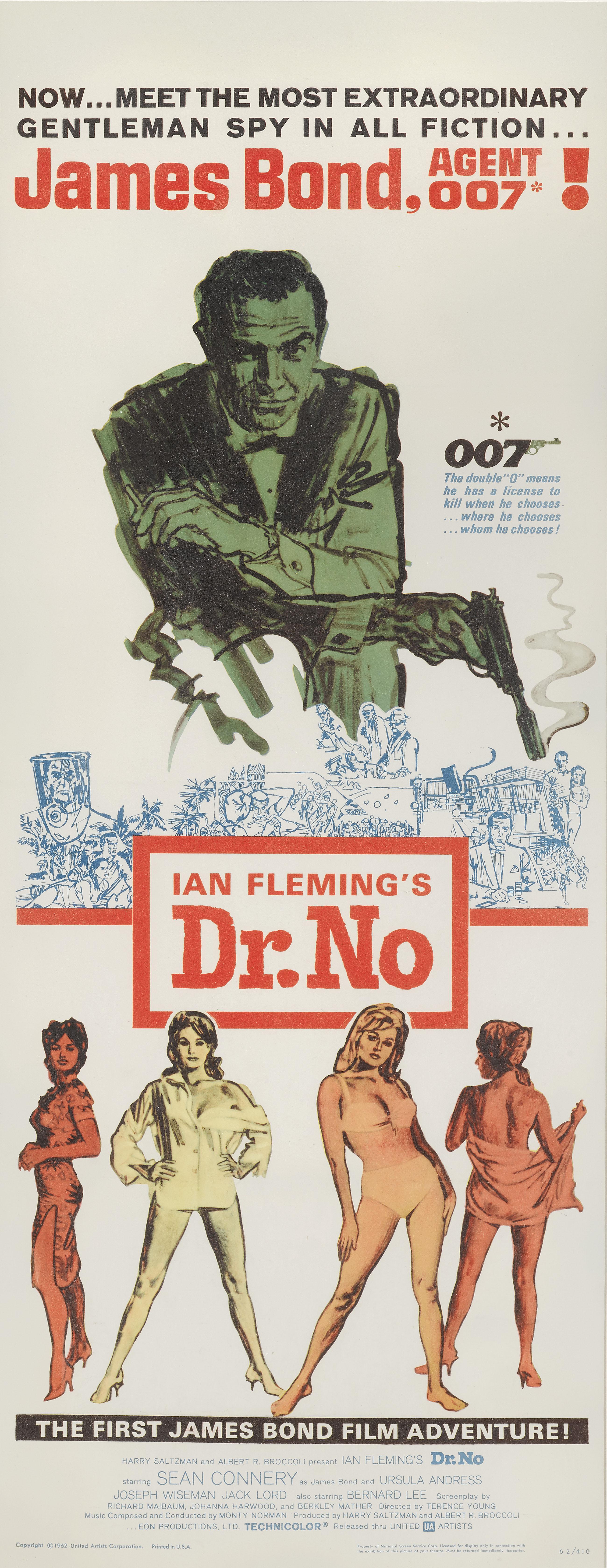 Original American film poster for the first James Bond film Dr. No (1962) Staring Sean Connery, Ursula Andress. This film was directed by Terence Young. This poster was used for the films first US release in 1963.
This piece is conservation paper