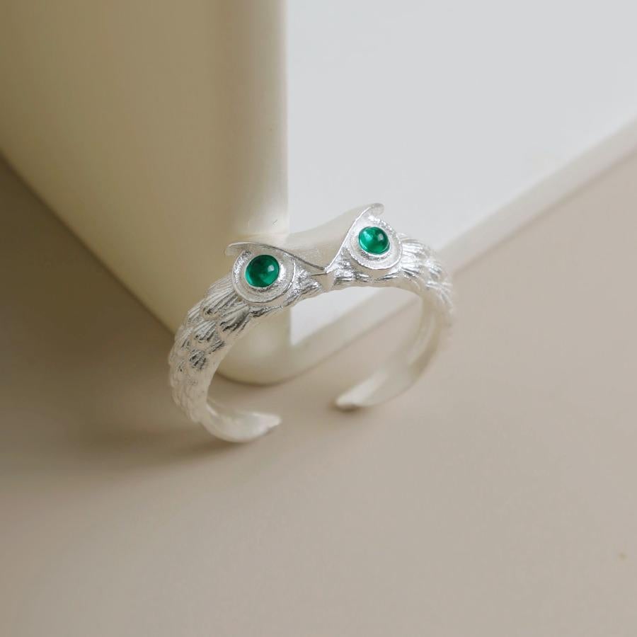 Dr. Owl Emerald Eye Band 18K Yellow Gold Open Ring For Sale 3