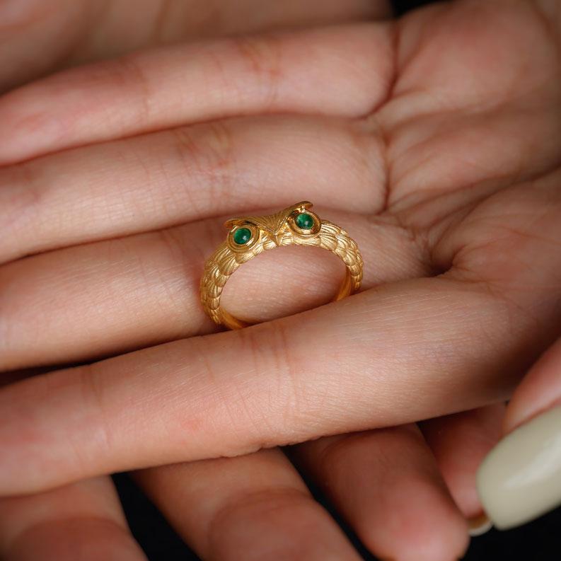Arts and Crafts Dr. Owl Emerald Eye Band 18K Yellow Gold Open Ring For Sale