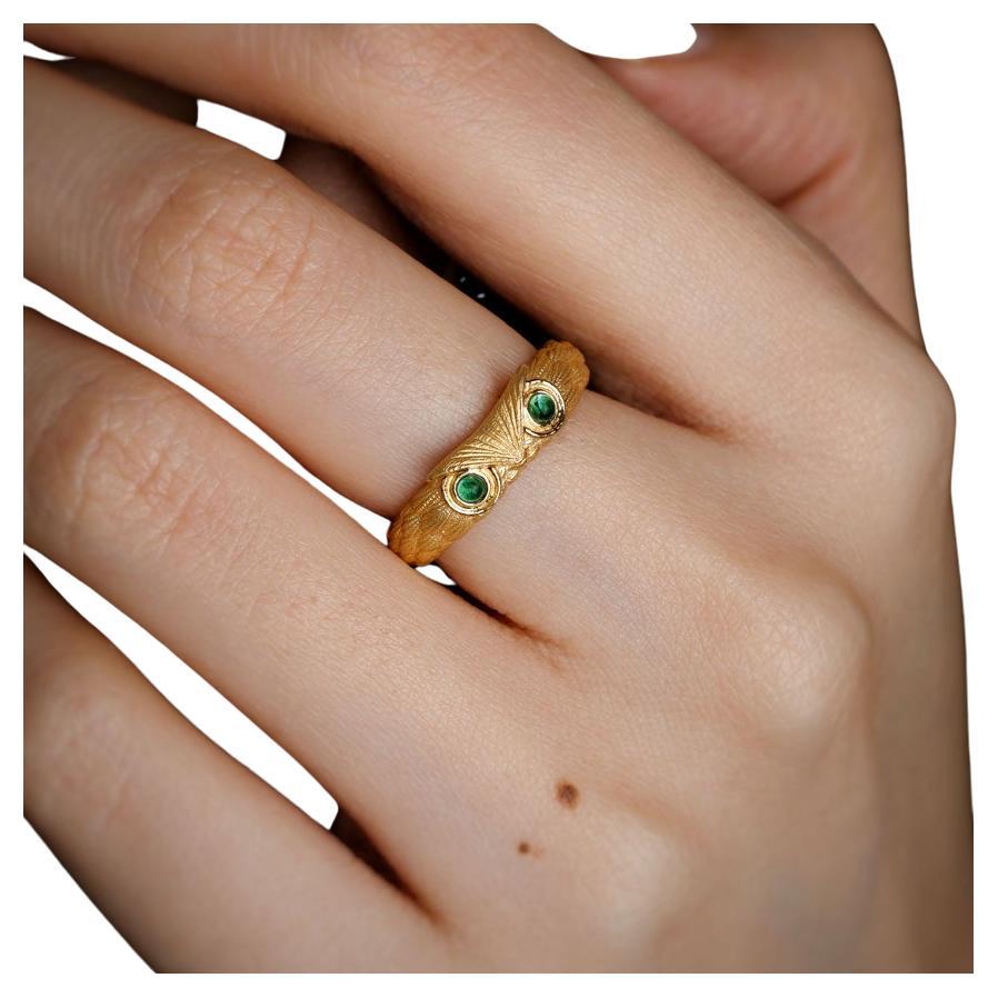 Dr. Owl Emerald Eye Band 18K Yellow Gold Open Ring For Sale