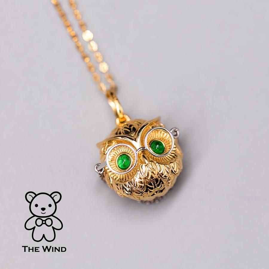 Artist Dr. Owl Emerald Pendant Necklace 18K Yellow Gold with White Gold Glasses For Sale