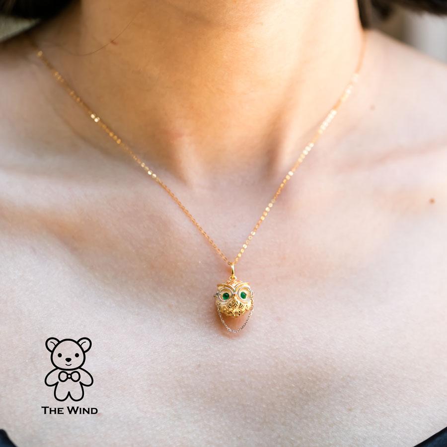 Emerald Cut Dr. Owl Emerald Pendant Necklace 18K Yellow Gold with White Gold Glasses For Sale