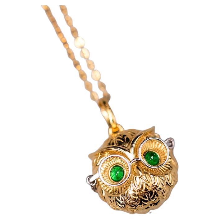 Dr. Owl Emerald Pendant Necklace 18K Yellow Gold with White Gold Glasses For Sale