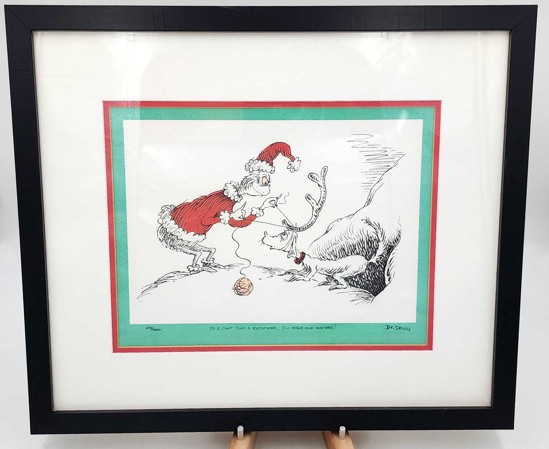 Theodor Seuss Geisel (Dr. Seuss)
If I can't find a Reindeer, I'll make one instead (Colorful, Iconic)
1998
Color lithograph
Visible: 9.75 x 12.5 inches
Framed: 17.5 x 20.5 x 1 inches
Edition: 2500
Signed, titled and numbered by hand along lower
