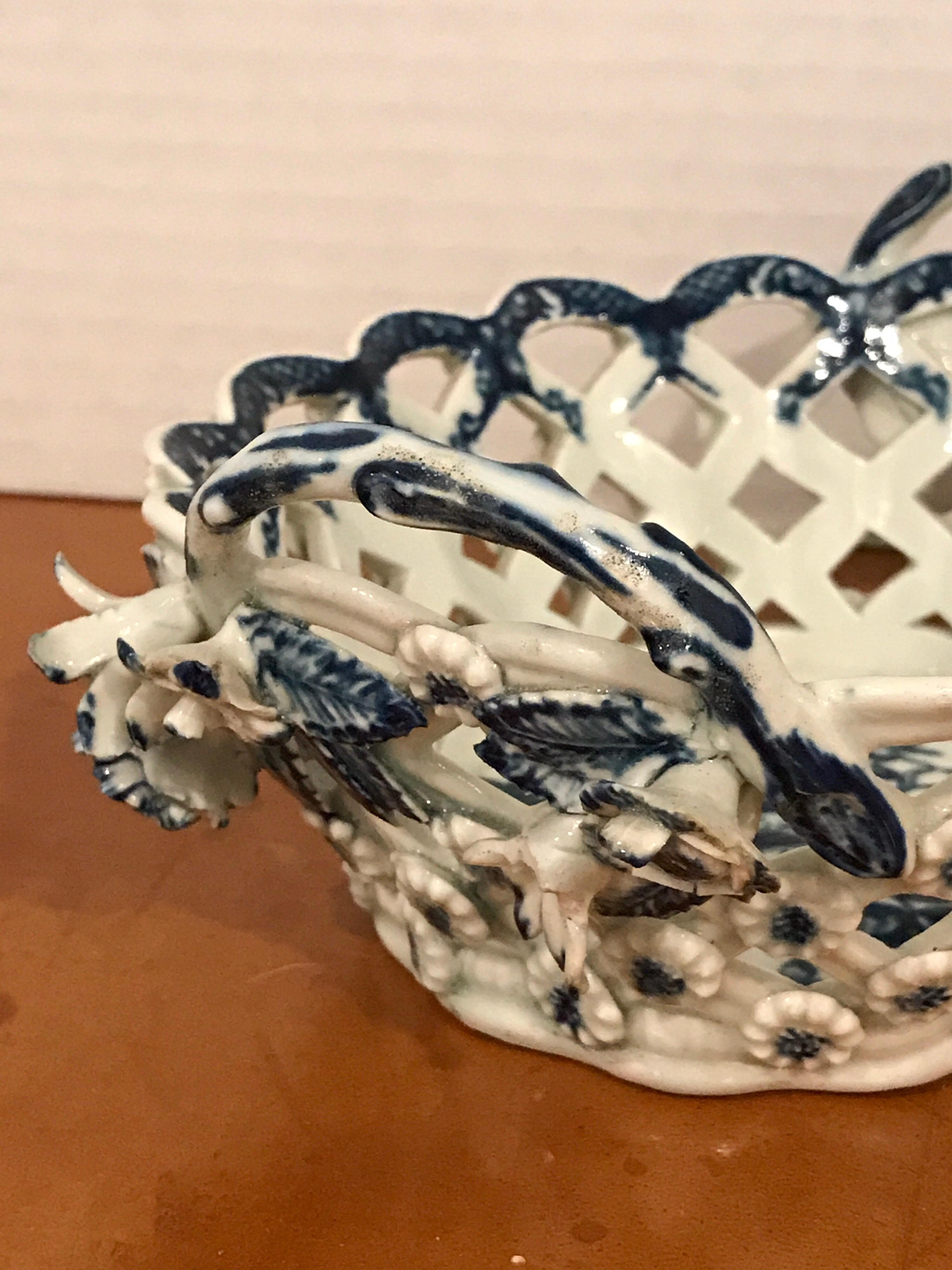 18th Century and Earlier Dr. Wall Period Worcester Porcelain Blue and White Basket
