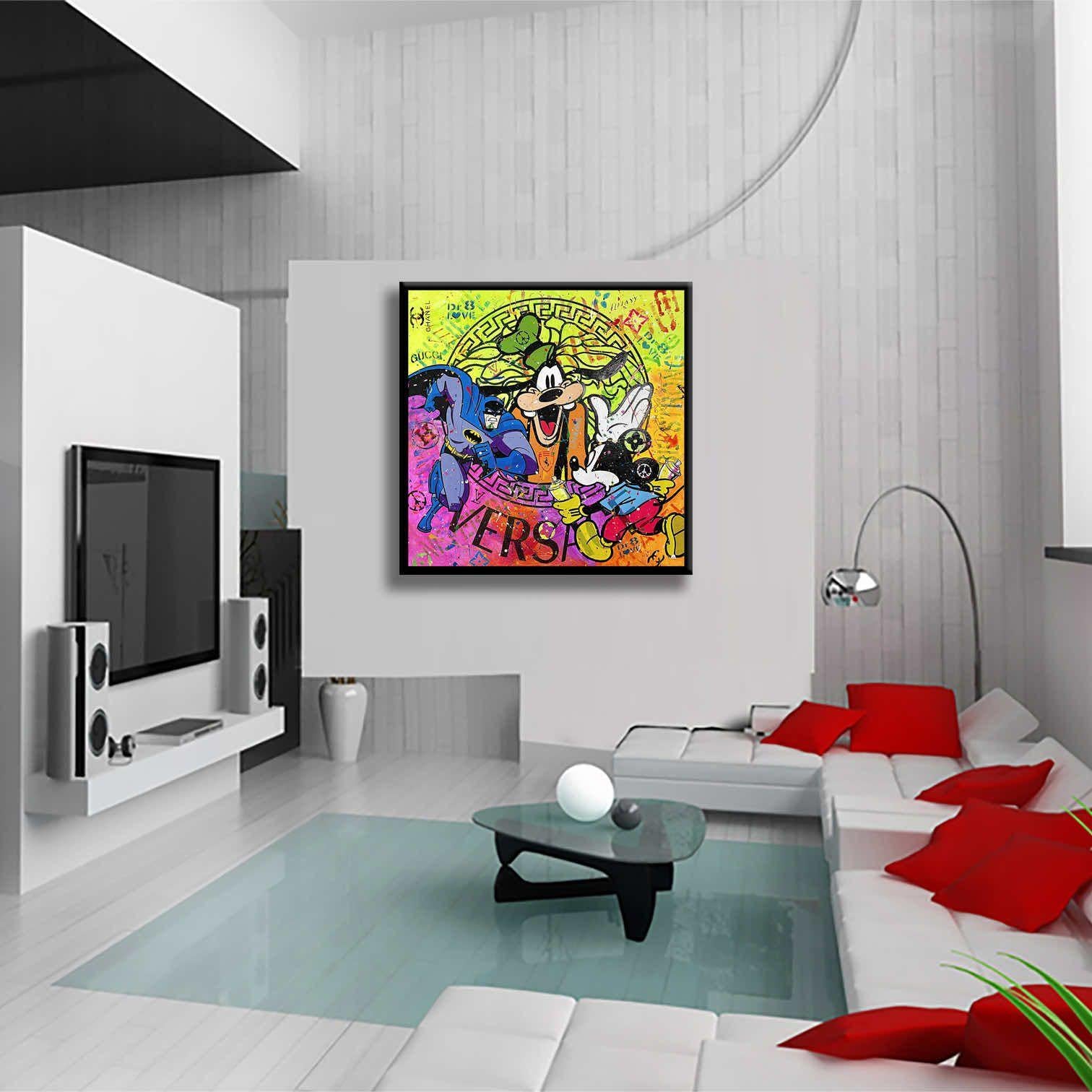 Medium: Mischtechnik, handgemalt mit Öl- und Acrylfarben, bearbeitet mit Sprühfarbe, Schablonen auf Leinwand    Größe: 39 x 39 Zoll    Bewegung und Stil: Pop Art, Urban Art, Zeitgenössische Kunst    Zustand: Ausgezeichnet. Minze.    Kunstwerk: