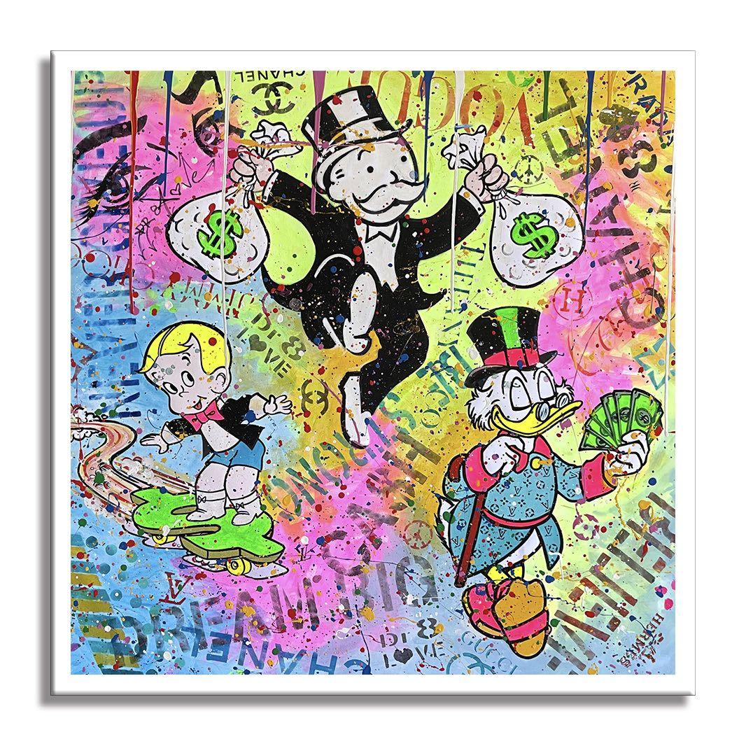 Medium: Mischtechnik, handgemalt mit Öl- und Acrylfarben, bearbeitet mit Sprühfarbe, Schablonen auf Leinwand    Größe: 39 x 39 Zoll    Bewegung und Stil: Pop Art, Urban Art, Zeitgenössische Kunst    Zustand: Ausgezeichnet. Minze.    Kunstwerk: