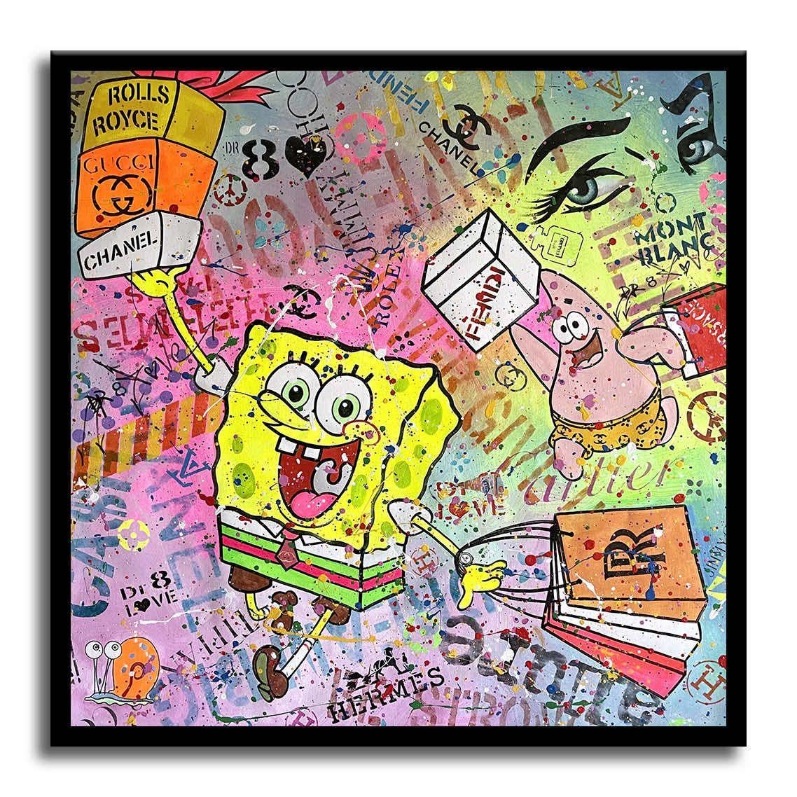 Medium: Mischtechnik, handgemalt mit Öl- und Acrylfarben, bearbeitet mit Sprühfarbe, Schablonen auf Leinwand    Größe: 39 x 39 Zoll    Bewegung und Stil: Pop Art, Urban Art, Zeitgenössische Kunst    Zustand: Ausgezeichnet. Minze.    Kunstwerk: