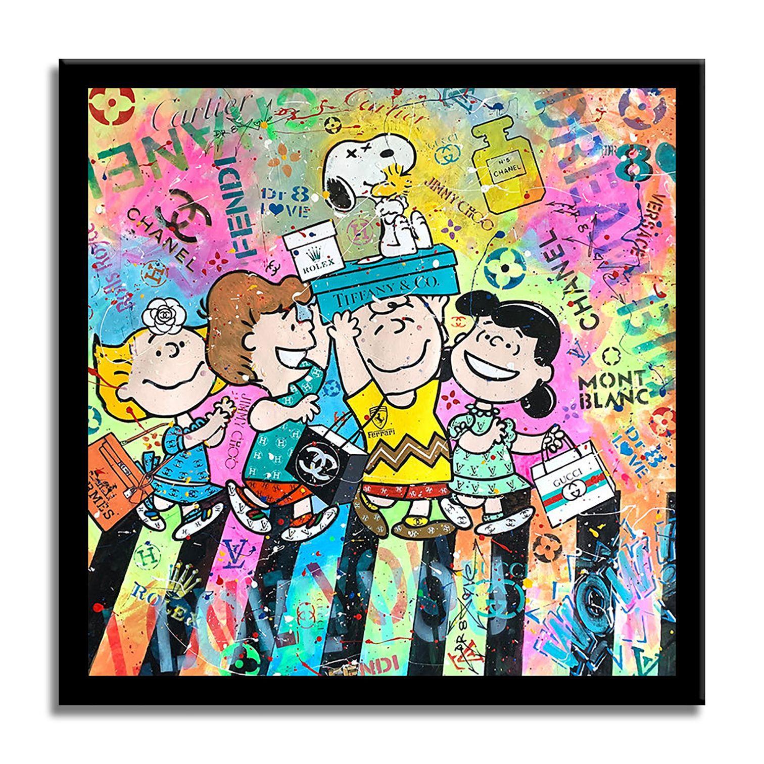 Medium: Mischtechnik, handgemalt mit Öl und Acrylfarben, bearbeitet mit Sprühfarbe, Schablonen, Collage auf Leinwand    Größe: 39 x 39 Zoll    Bewegung und Stil: Pop Art, Urban Art, Zeitgenössische Kunst    Zustand: Ausgezeichnet. Minze.   