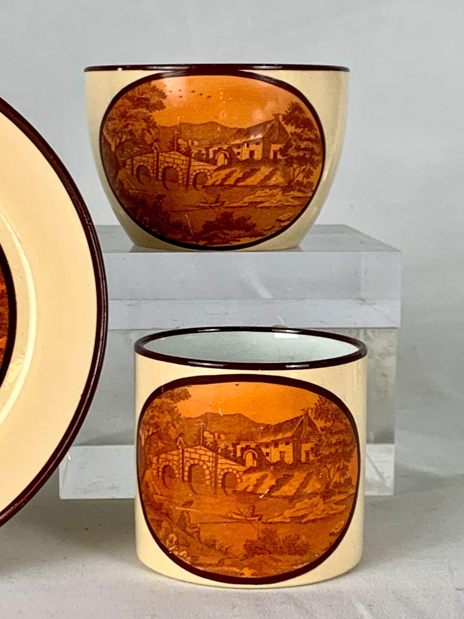 Country Trio Drabware di Don Pottery con paesaggi color seppia, Inghilterra, CIRCA 1810 in vendita