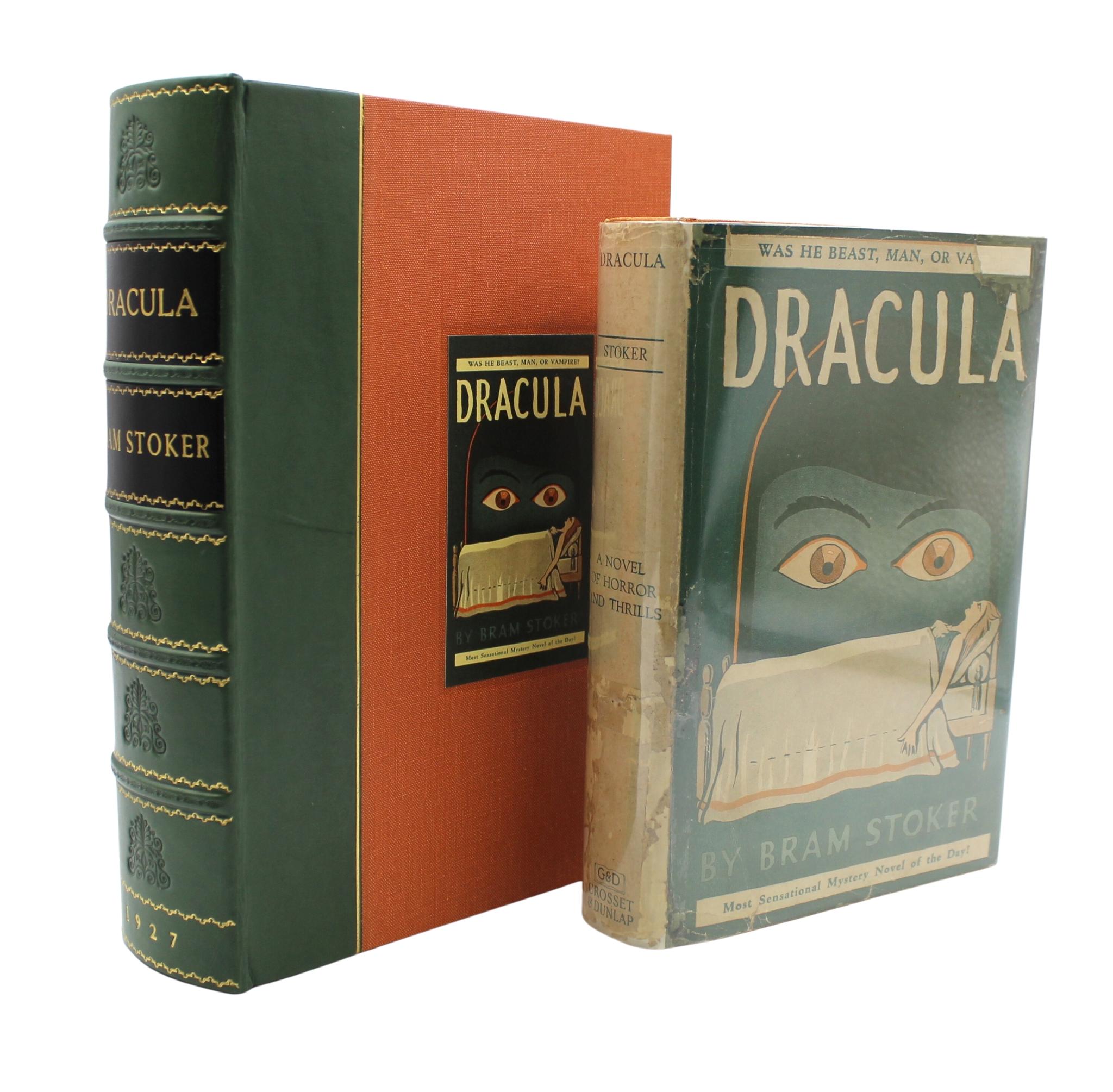 Stroker, Bram. Dracula. New York: Grosset & Dunlap, [1927]. First Grosset & Dunlap Edition. 8ov. Presented in original orange cloth boards, stamped in black, and the original pictorial dust jacket. With a new archival ¼ leather and cloth clamshell