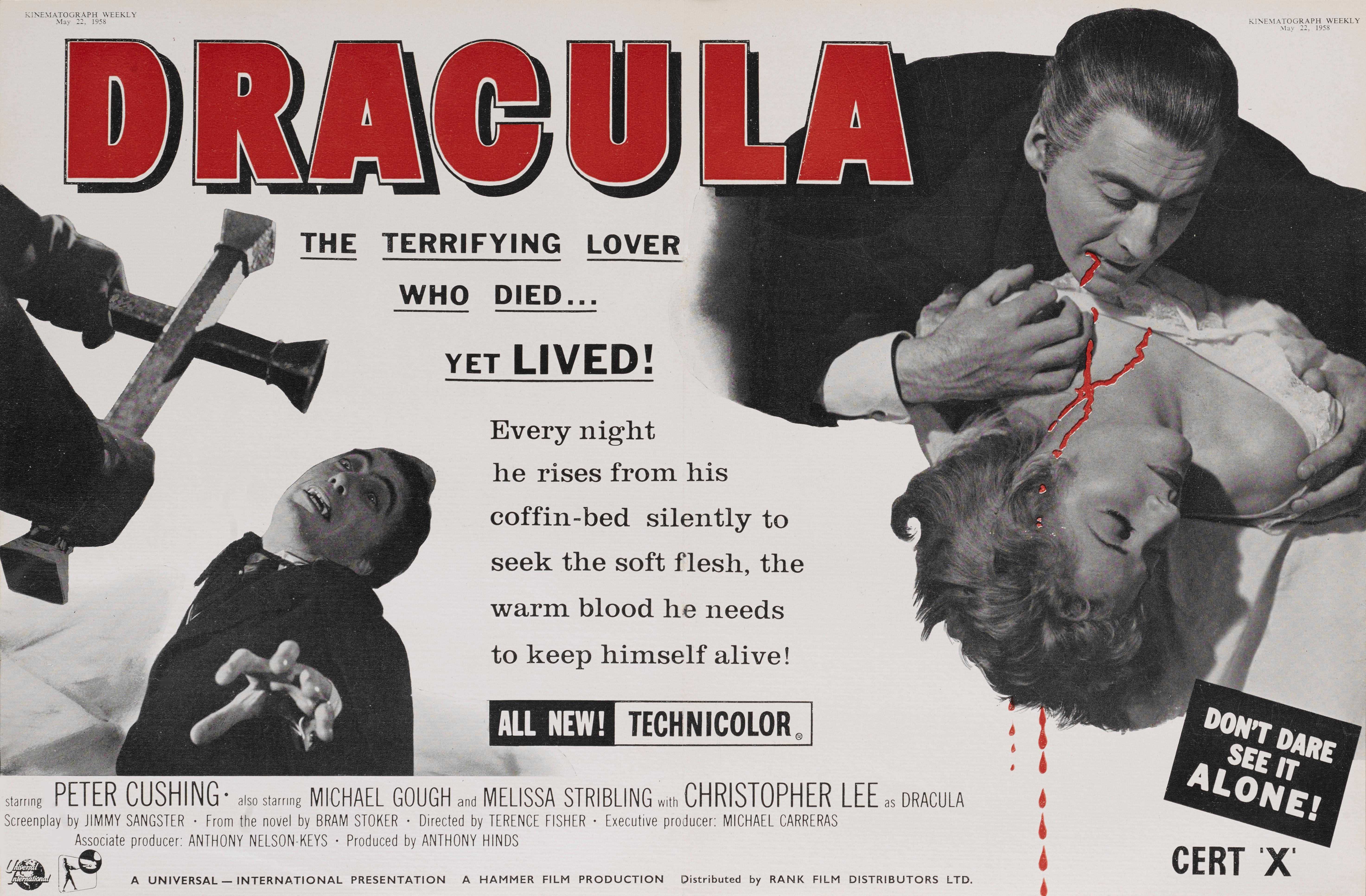 Original britische Handelsanzeige aus der Wochenzeitschrift Kinematograph, 22. Mai 1958.
Hammer-Horrorfilme gehören zu den begehrtesten Sammlerstücken, und Dracula, der erste Film, ist besonders begehrt.
Regie führte Terence Fisher, die
