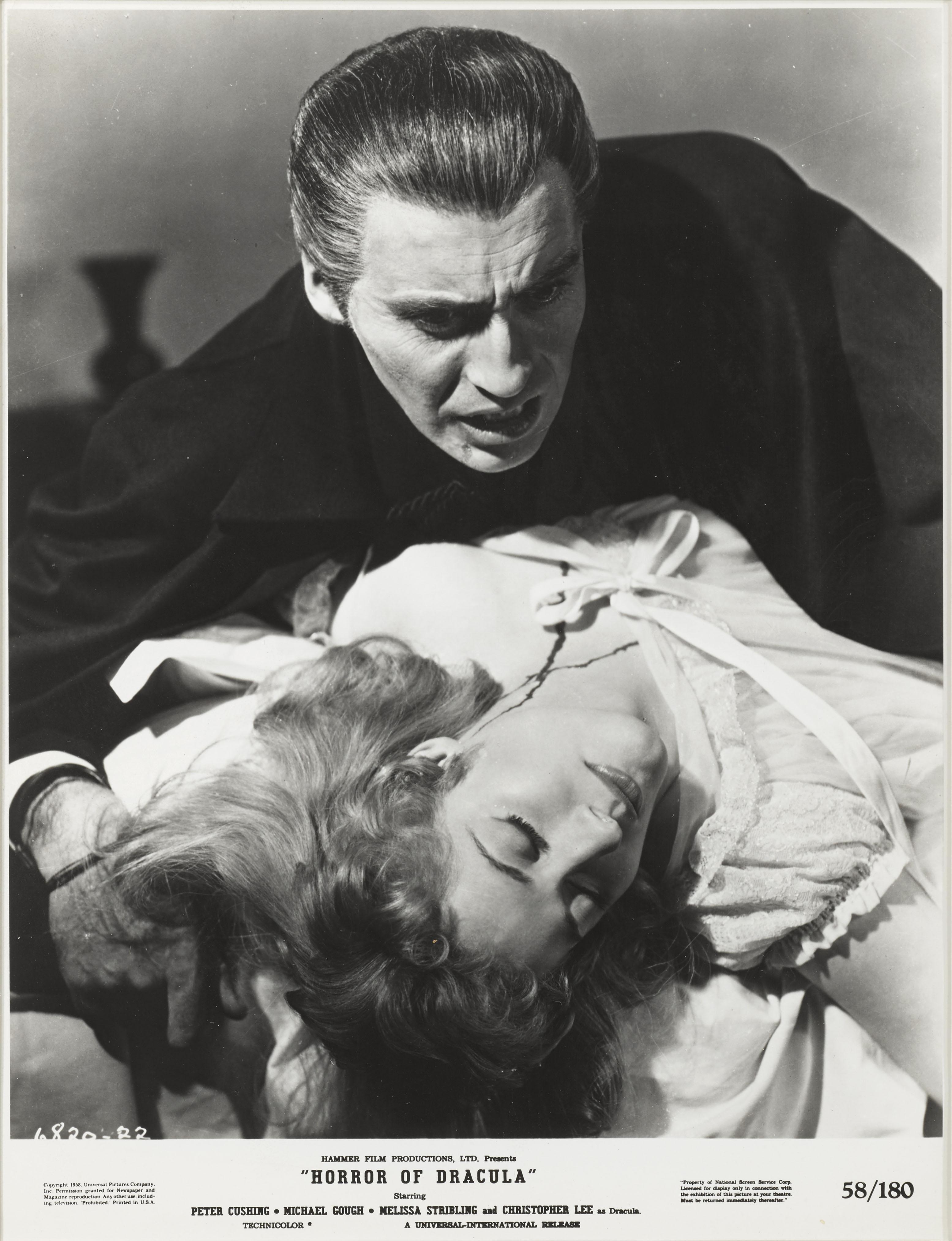 Original US photographic production still used to promote the film Dracula 1958 released as Horror of Dracula in the US.
The film starred Peter Cushing and Christopher Lee and was directed by Terence Fisher. The size given is before framing. The