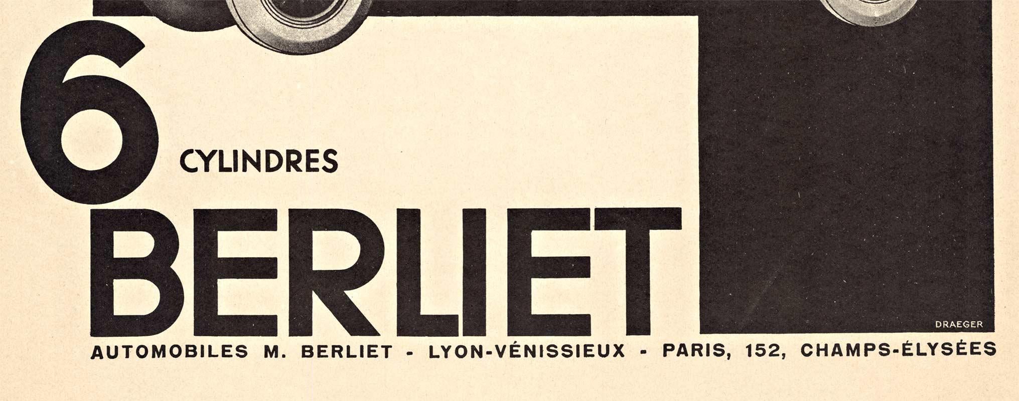 Original 6 Cylindres Berliet Auto schwarz-weißes Vintage-Poster – Print von Draeger