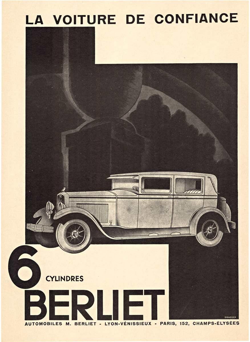 Draeger Print – Original 6 Cylindres Berliet Auto schwarz-weißes Vintage-Poster