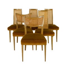Draft Harvey Probber MCM Bleached Mahogany and Cane Dining Chairs, Set of 6