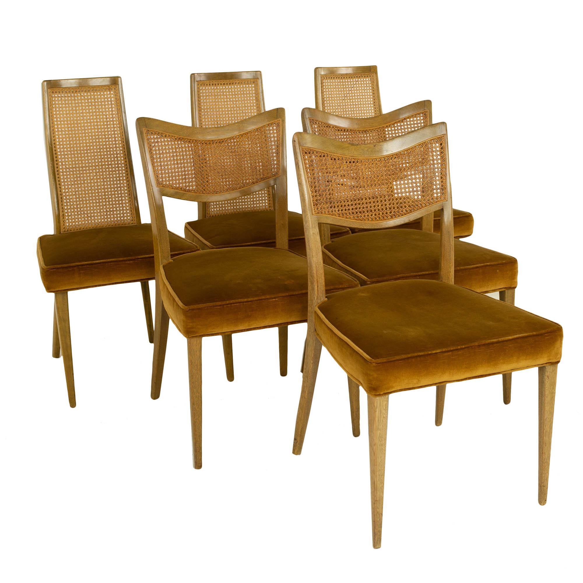 American Draft Harvey Probber MCM Bleached Mahogany and Cane Dining Chairs, Set of 6