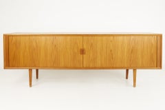 Svend Aage Larsen MCM Teak Tambour Door Long Sideboard Buffet Credenza