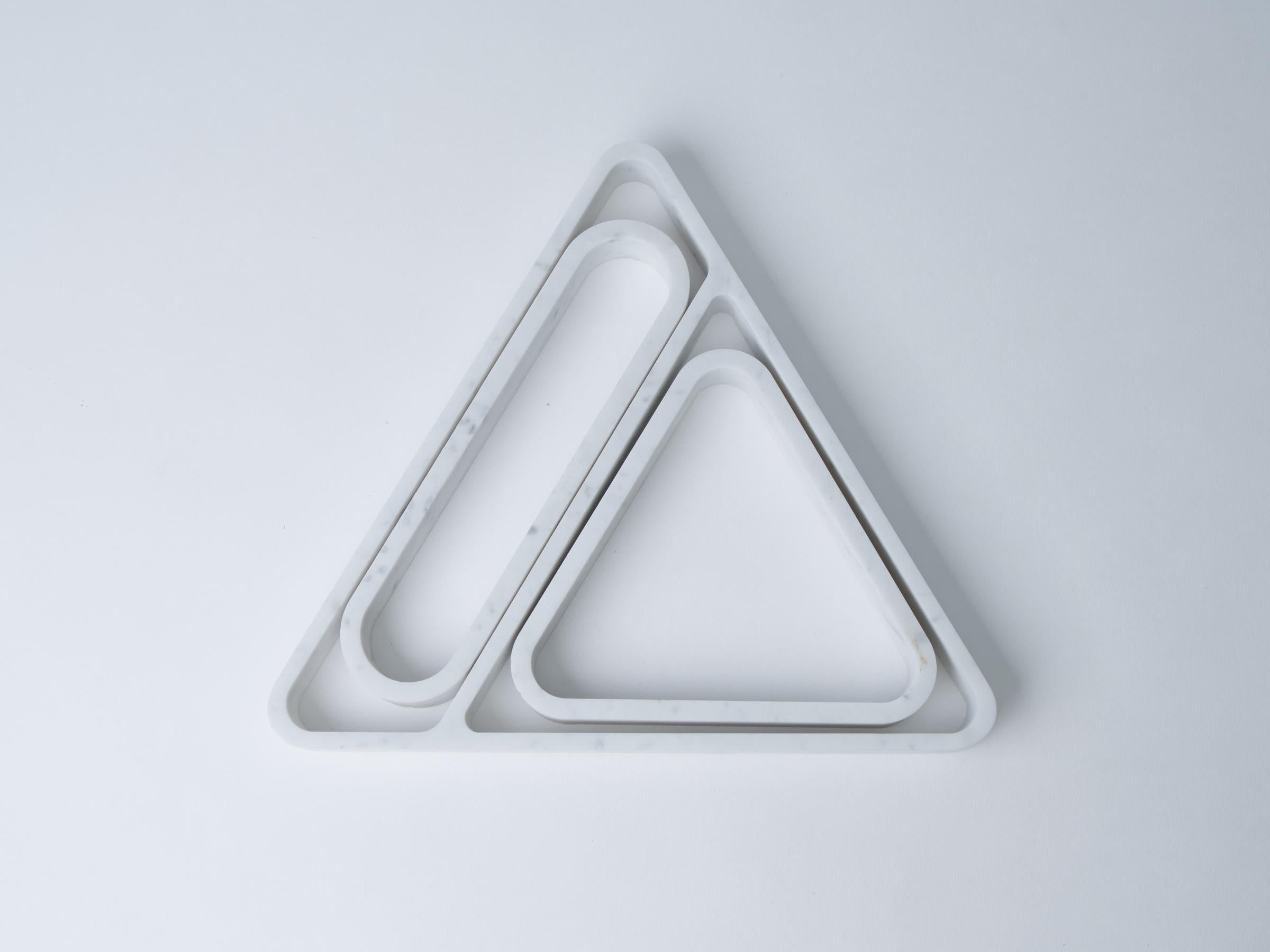 American Draft Tray, Small: Equal Triangle, Marble and Leather Table Top Valet Tray For Sale