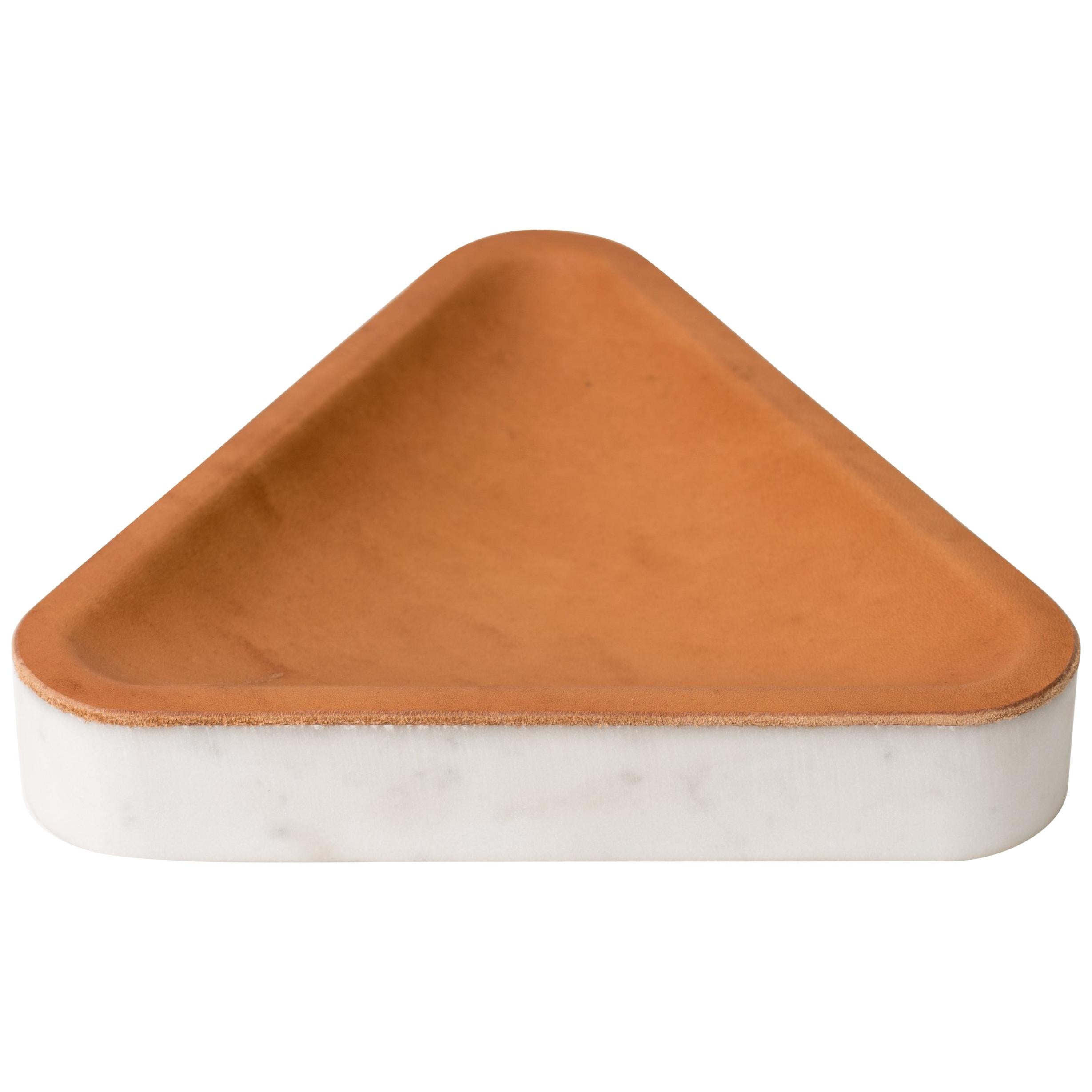 Draft Tray, Small: Equal Triangle, Marble and Leather Table Top Valet Tray For Sale