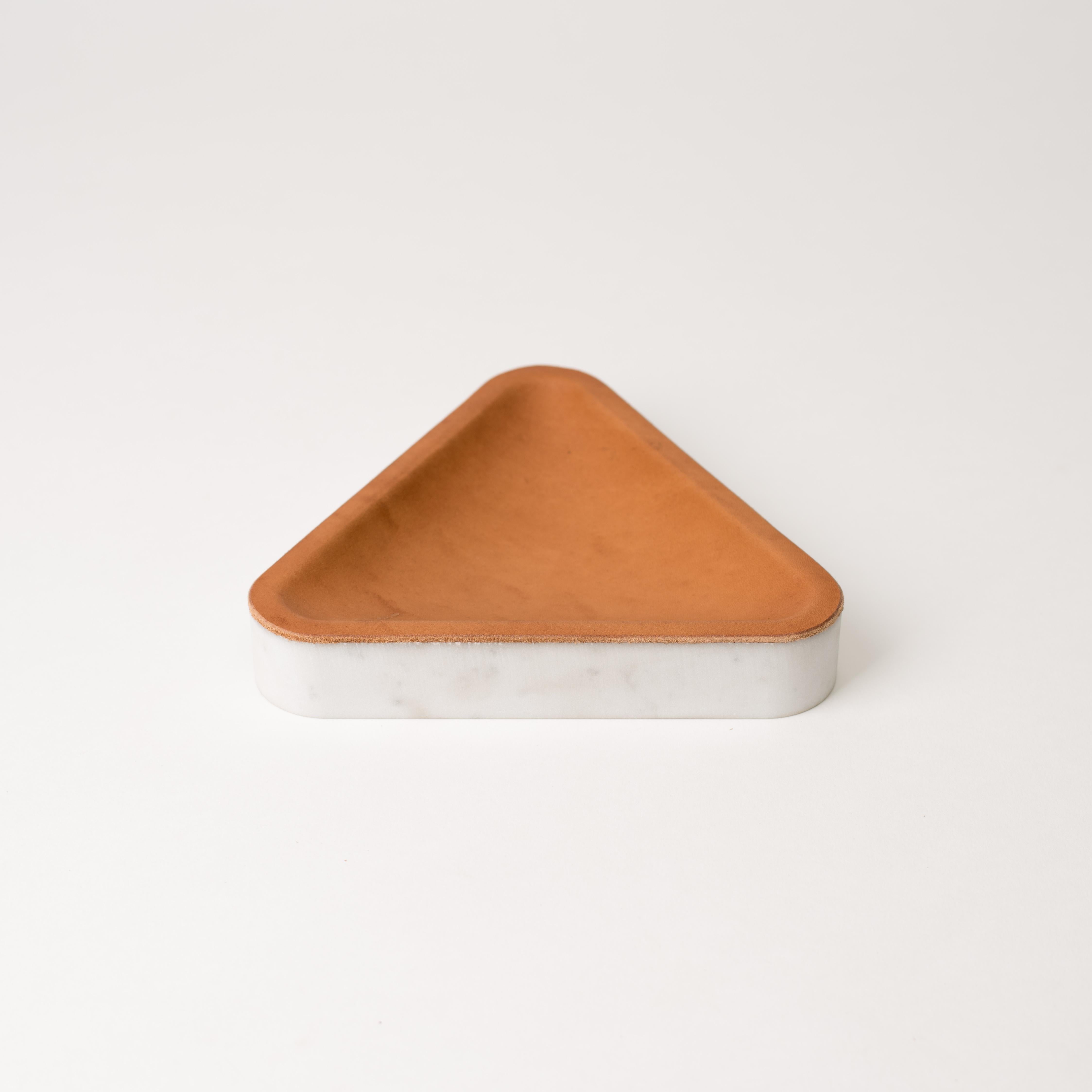 Minimalist Draft Tray, Small Iso Triangle, Marble and Leather Tabletop Valet Tray For Sale