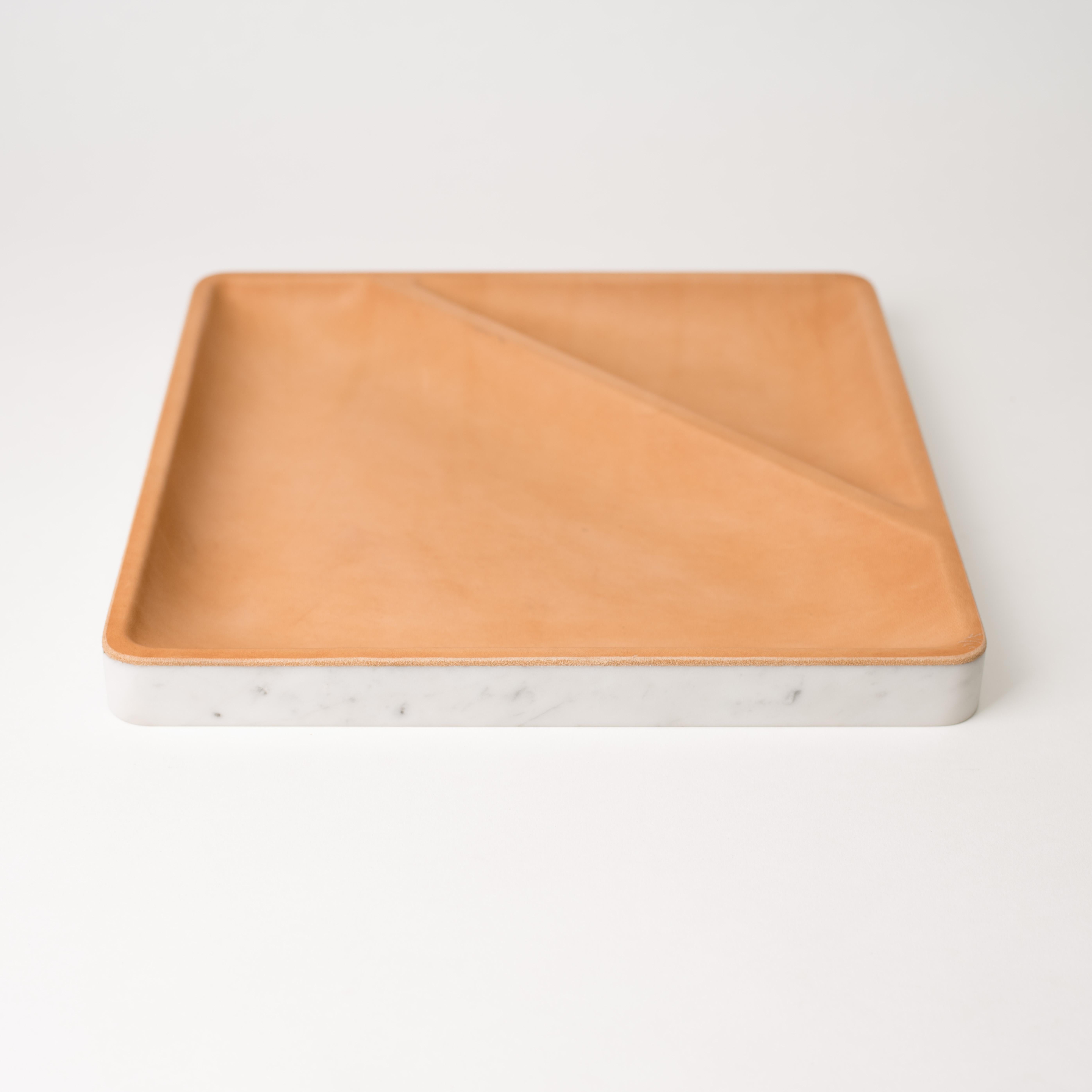 Minimalist Draft Tray Triangle, Marble and Leather Tabletop Valet Tray For Sale