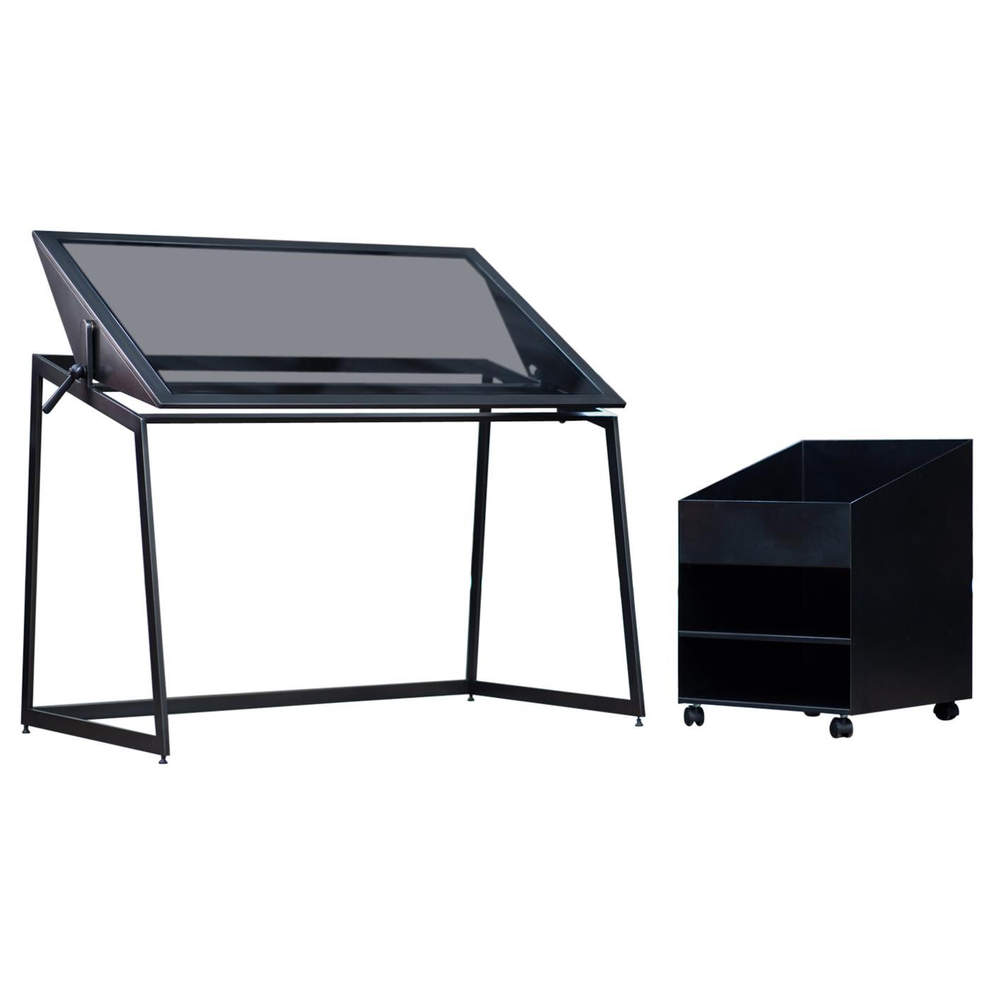 Drafting Table and Caddy in Blackened Steel and Smoked Glass by Force/Collide