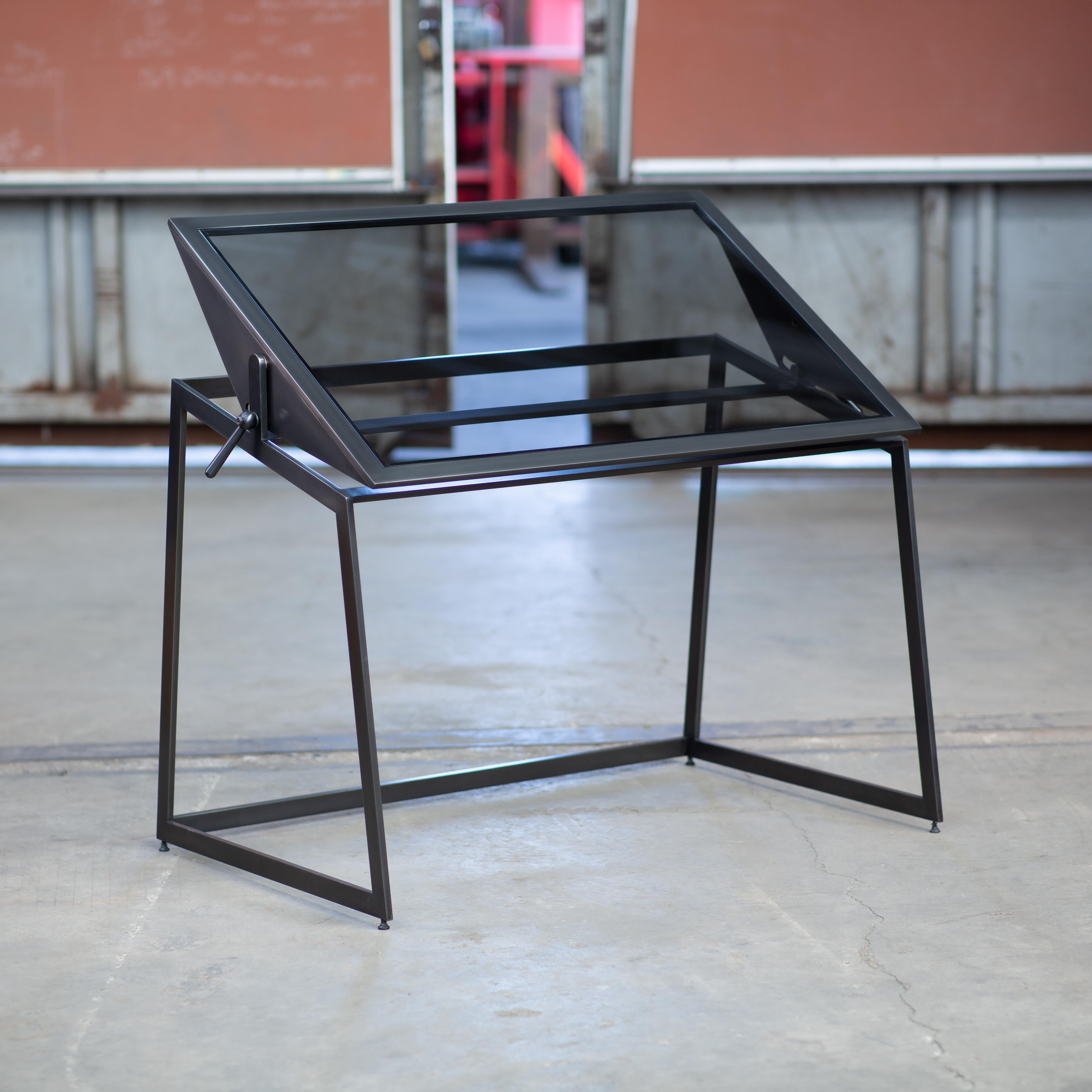 Modern Pivoting Drafting Table, Blackened Steel and Smoked Glass, by Force/Collide For Sale