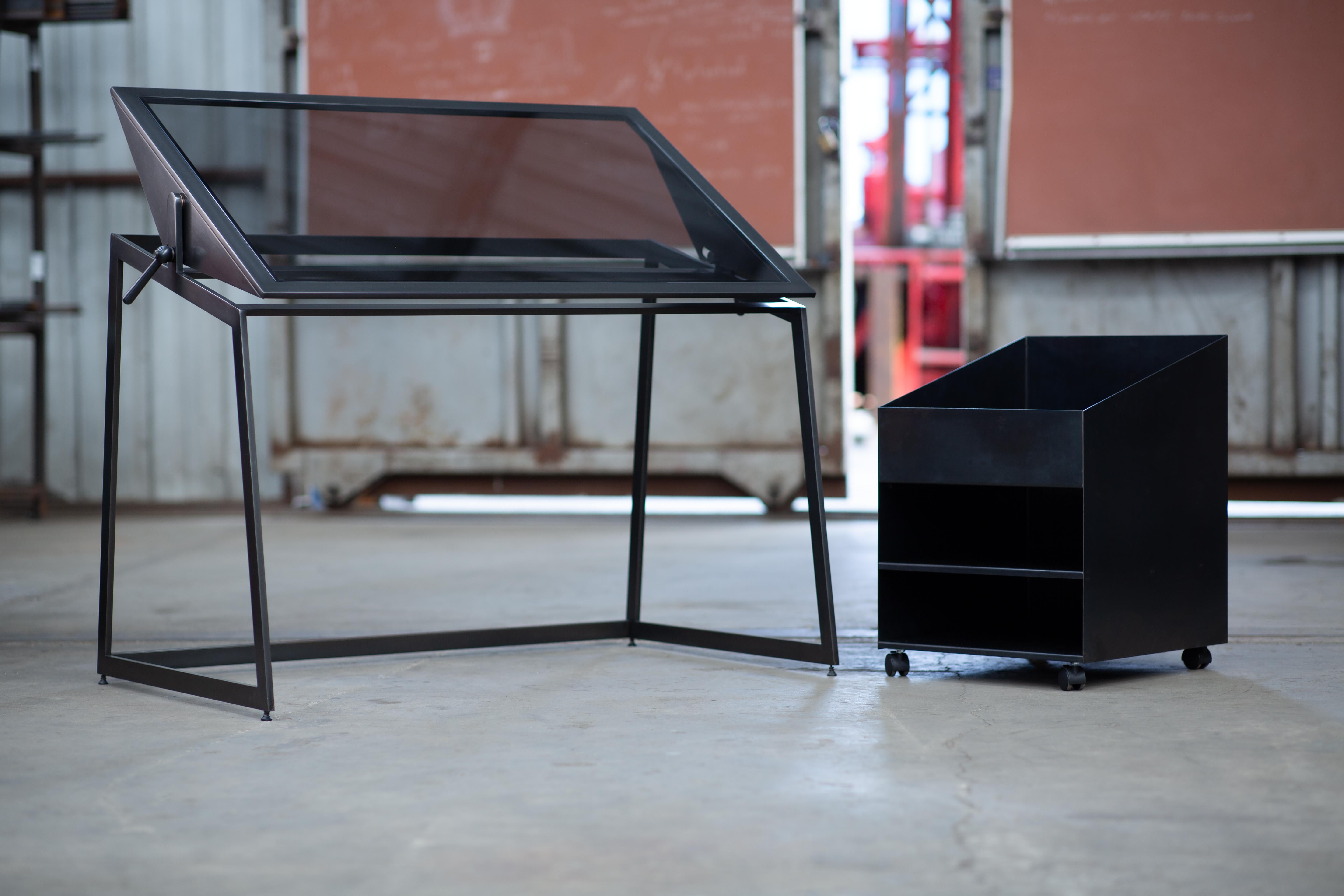 Metalwork Pivoting Drafting Table, Blackened Steel and Smoked Glass, by Force/Collide For Sale