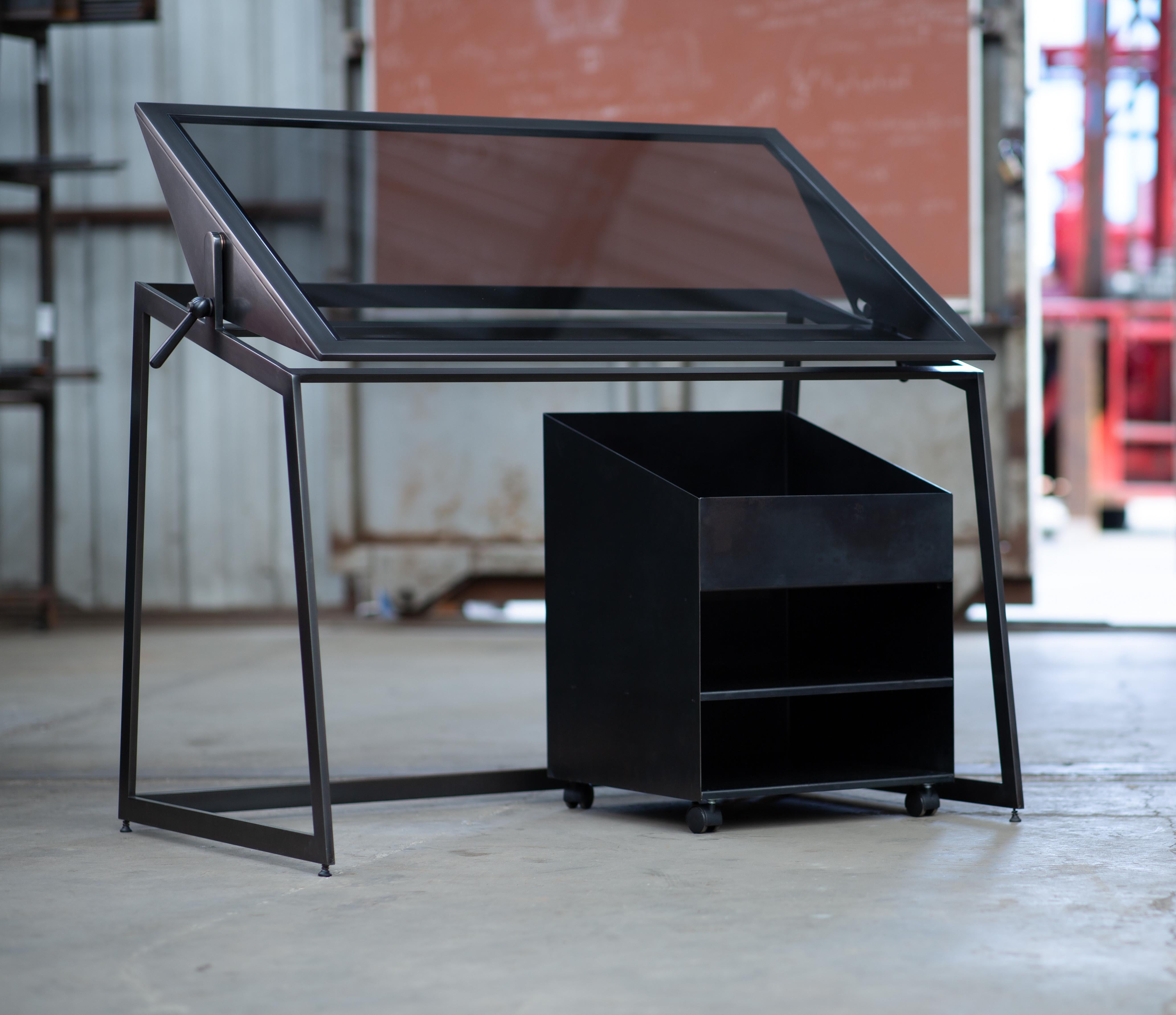 Pivoting Drafting Table, Blackened Steel and Smoked Glass, by Force/Collide In New Condition For Sale In Seattle, WA