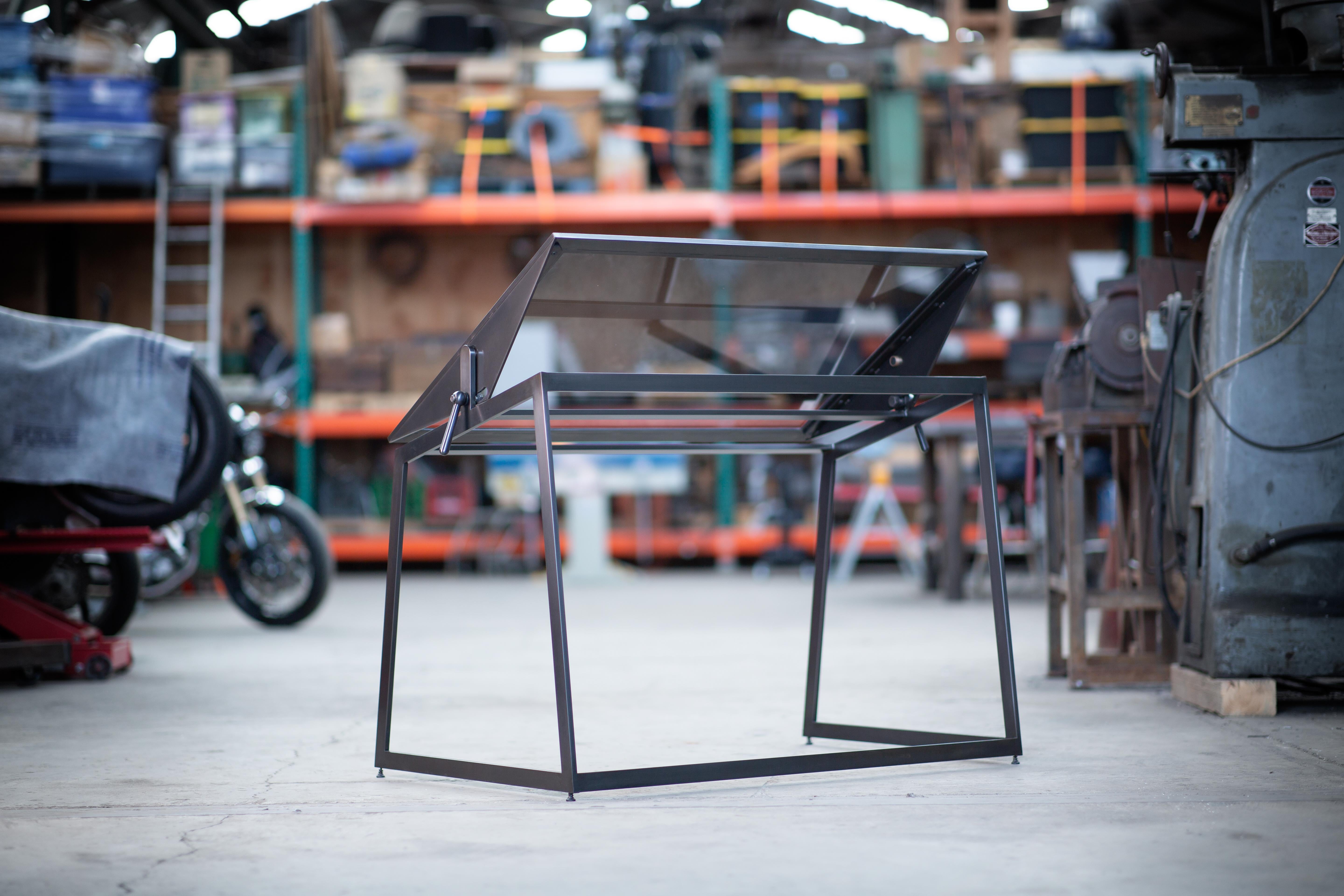 Metal Pivoting Drafting Table, Blackened Steel and Smoked Glass, by Force/Collide For Sale