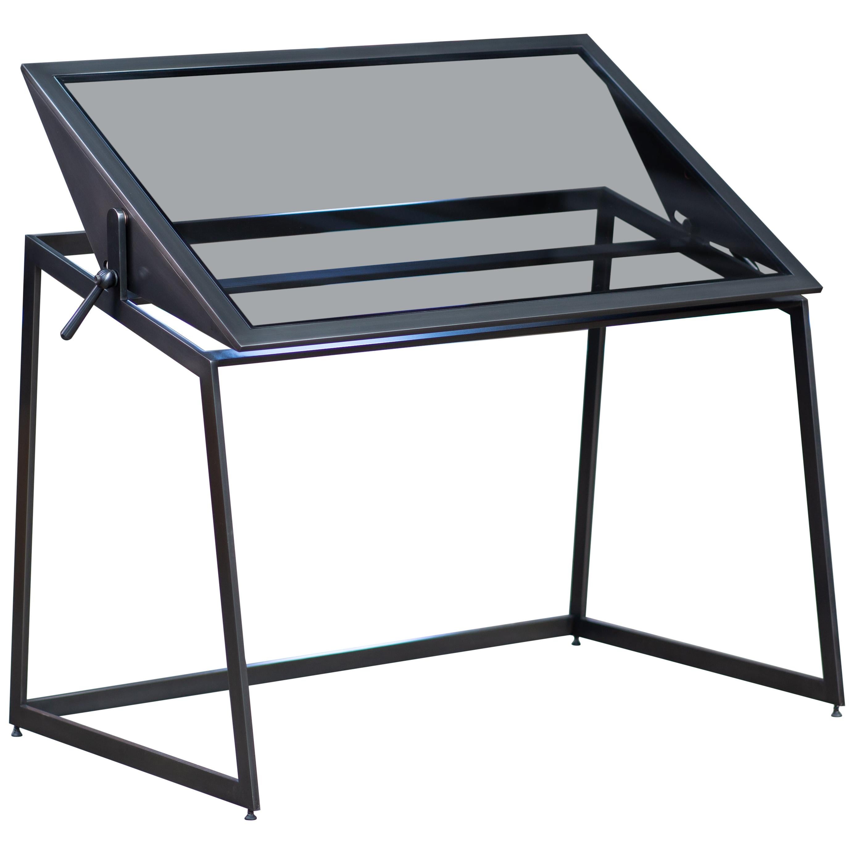Pivoting Drafting Table, Blackened Steel and Smoked Glass, by Force/Collide For Sale