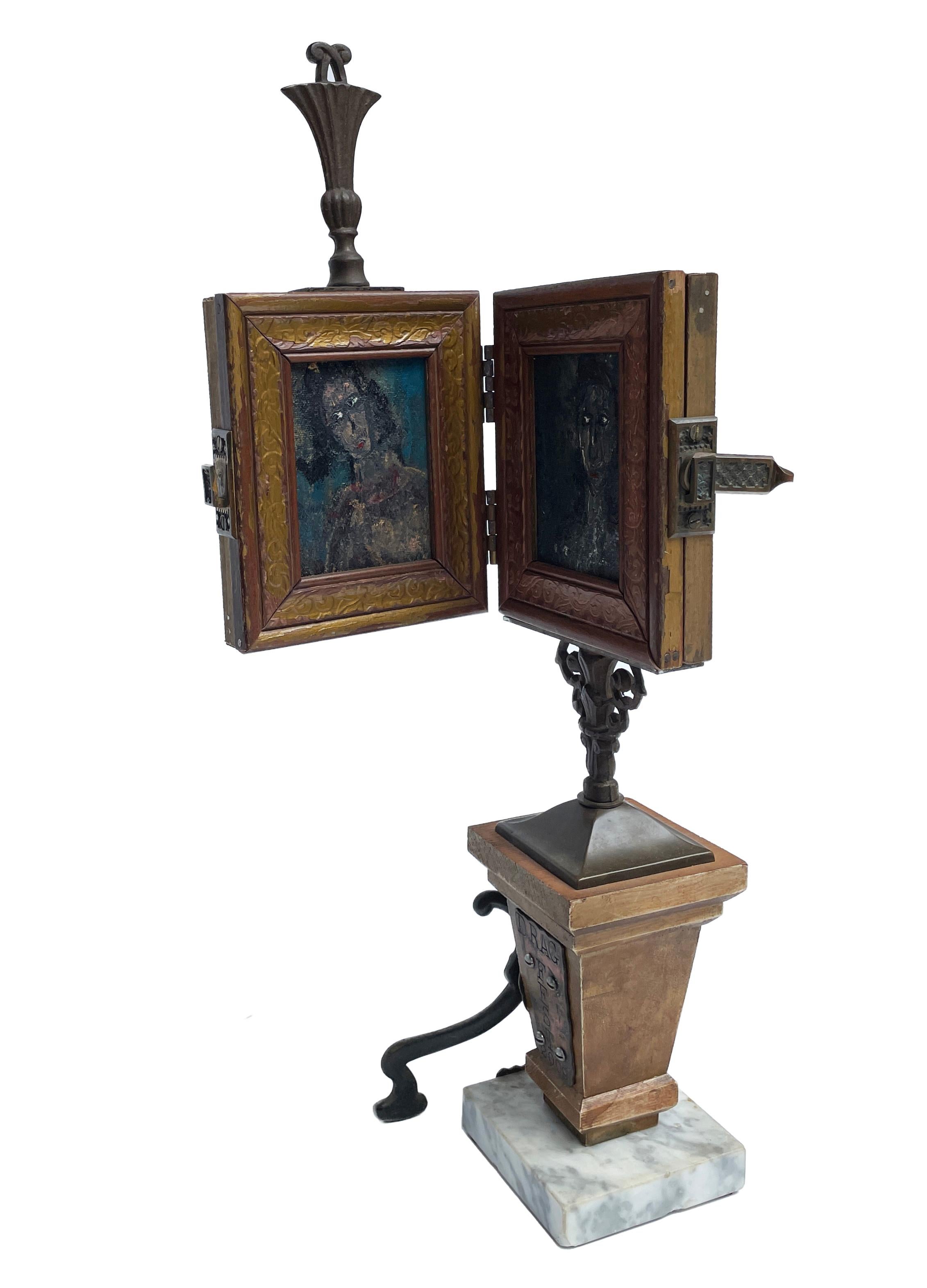 Modern Vanity Mirror with Two Portrait Paintings and  Found Objects