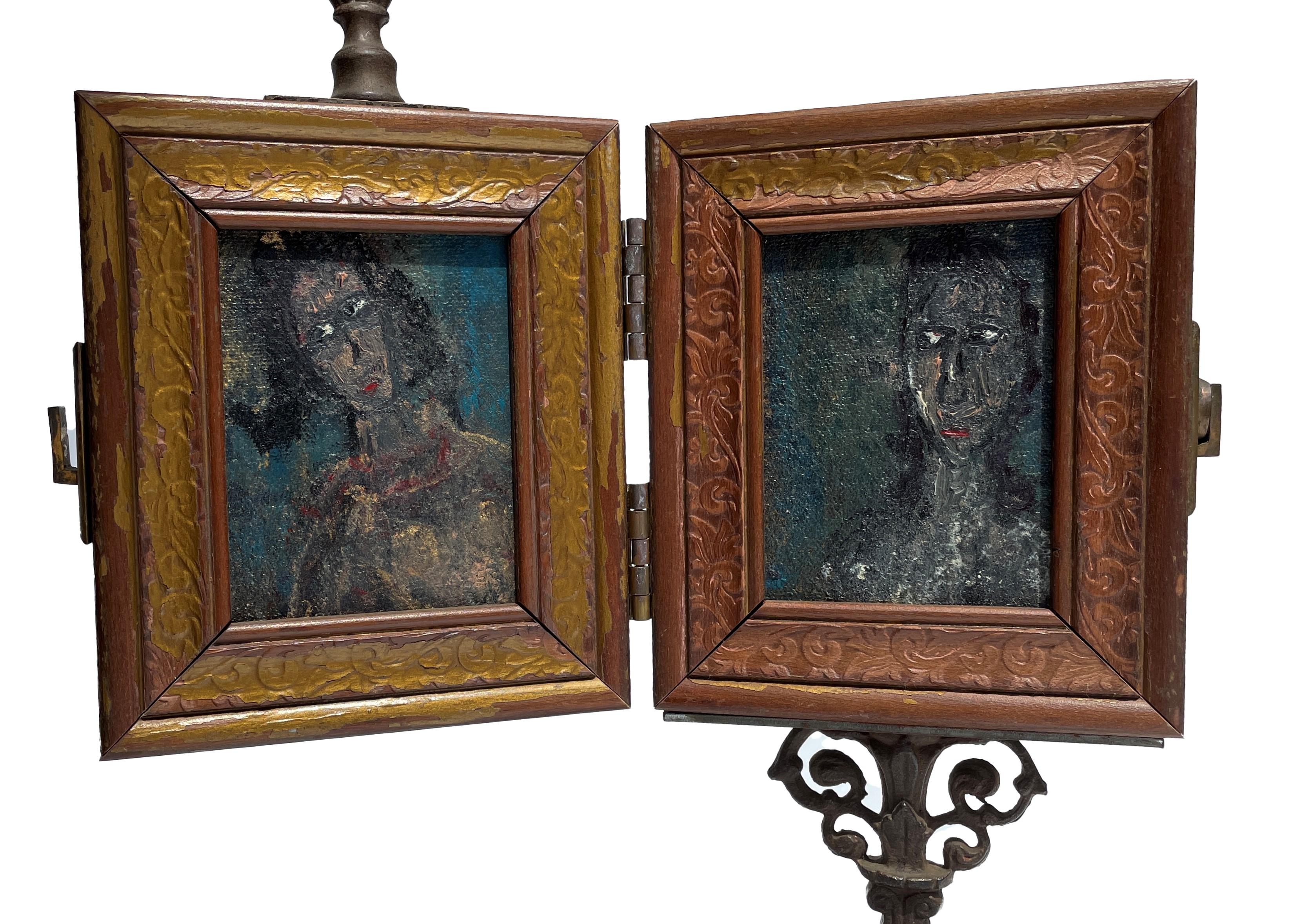 American Vanity Mirror with Two Portrait Paintings and  Found Objects