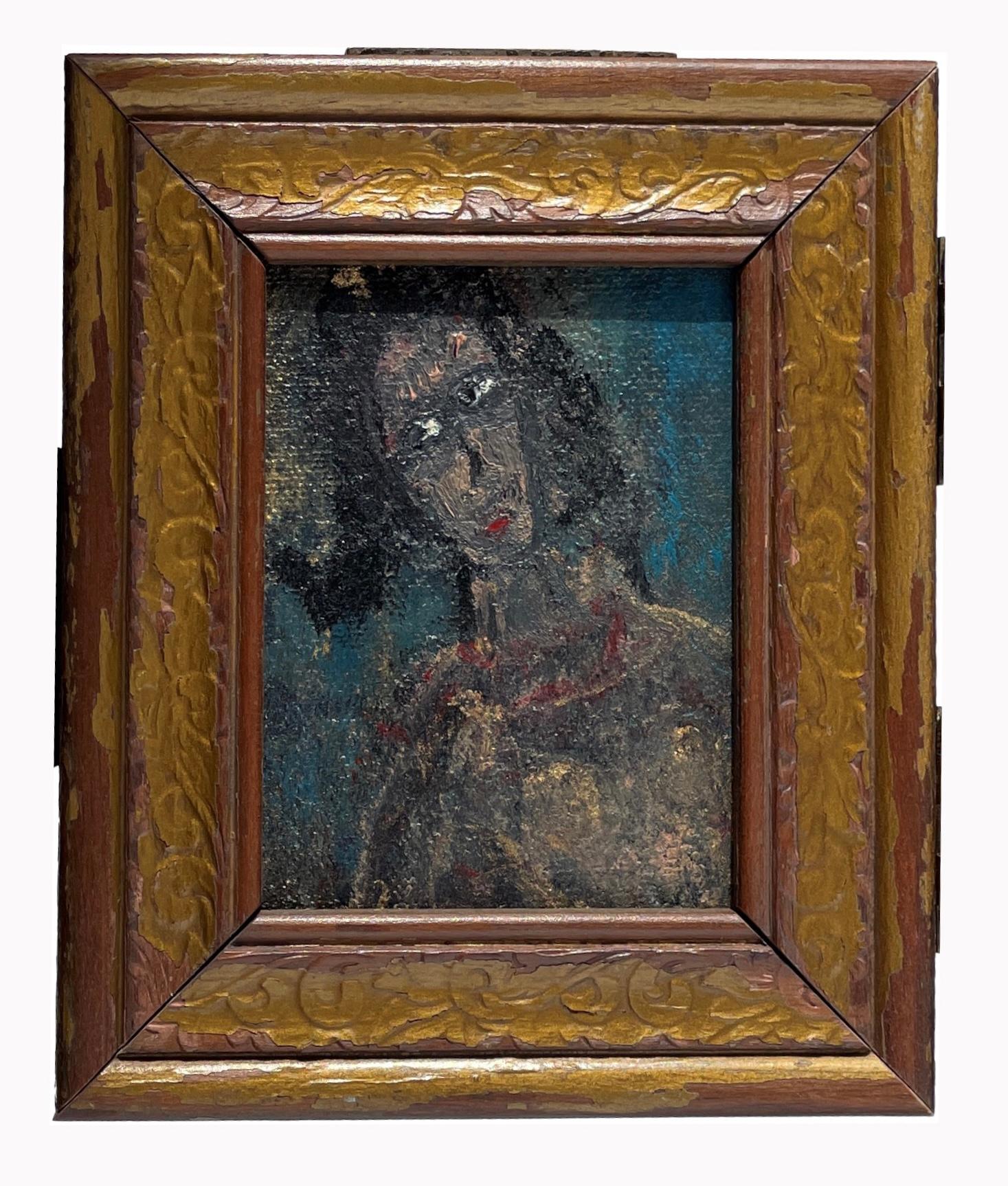 Hand-Crafted Vanity Mirror with Two Portrait Paintings and  Found Objects